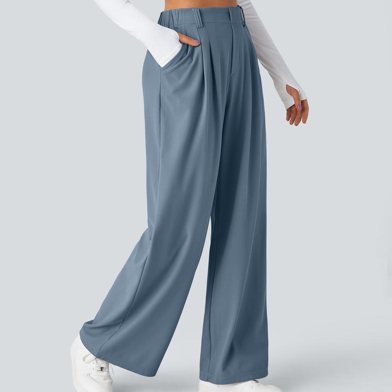High Rise Wide Waffle Work Pants With Pockets For Women
