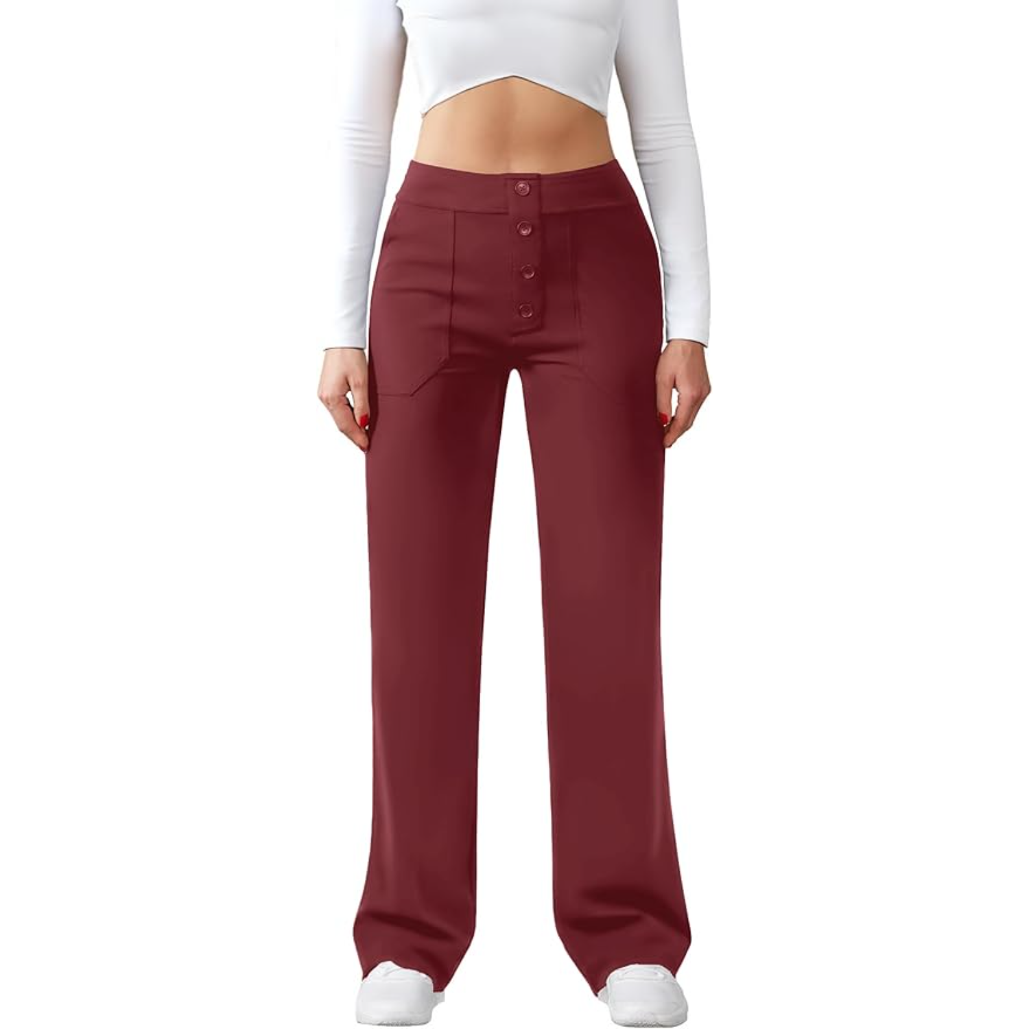 High Rise Straight Pants With Button Detail And Pocket For Women