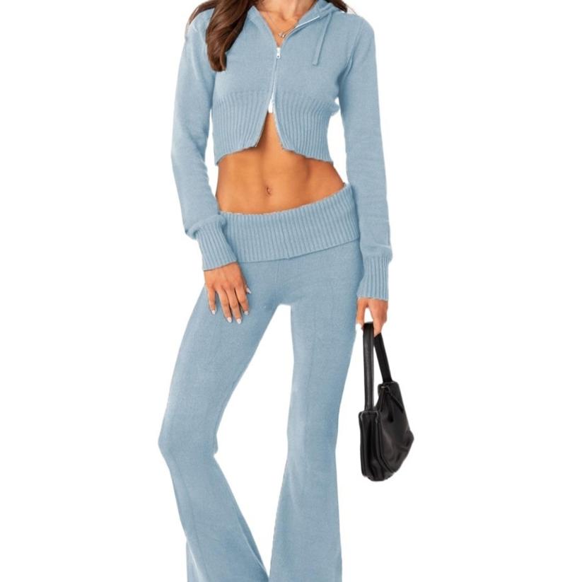 2 Piece Long Sleeve Fitted Crop Top And Pants Set-My Comfy Pant