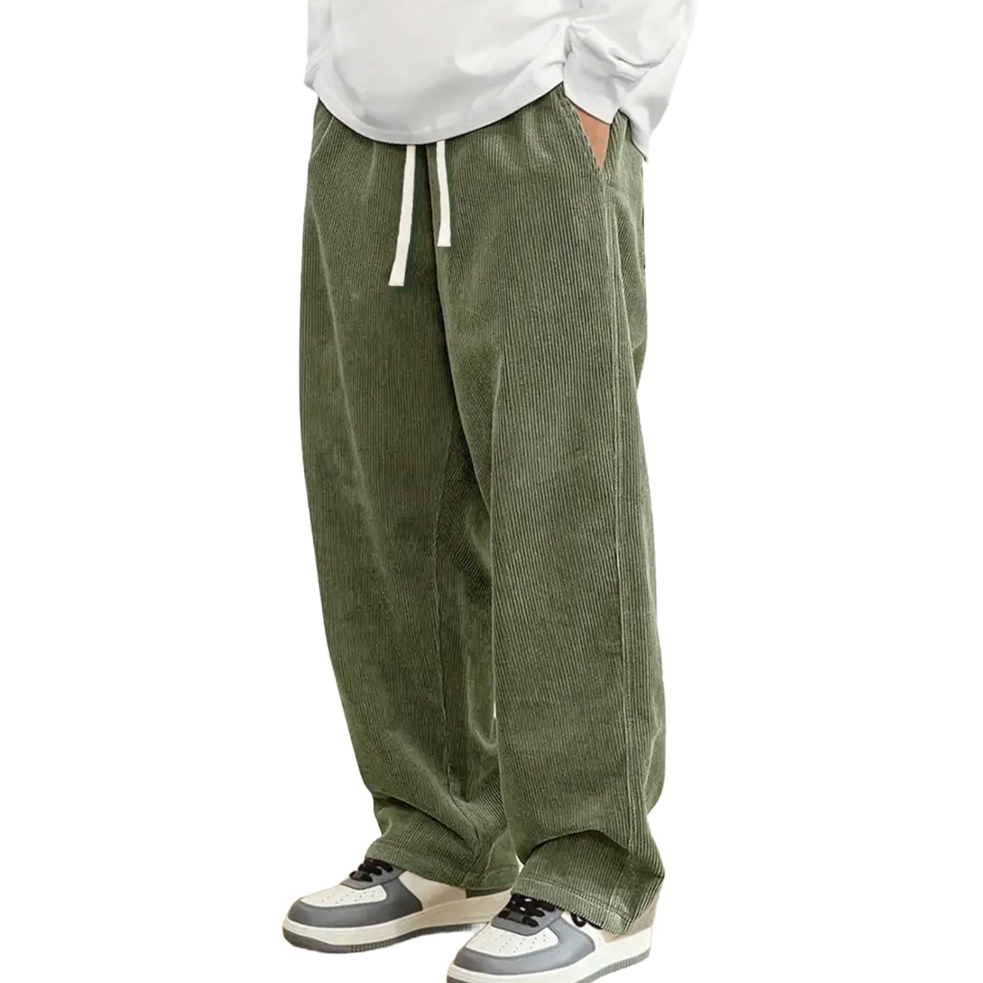 Corduroy Casual Pants Fashion Loose Fit Wide Leg Pants Straight Sweatpants Elastic Waist Drawstring