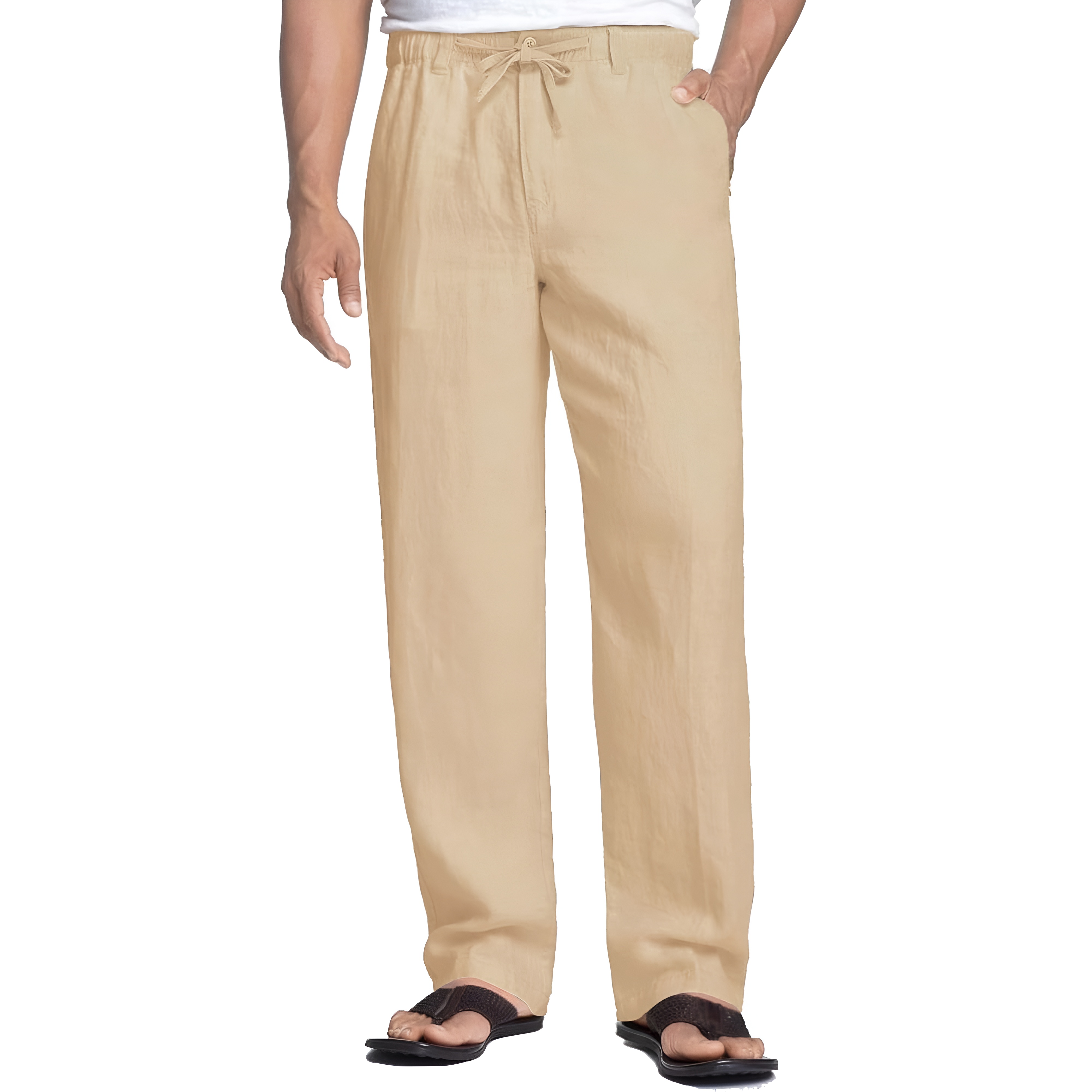 Linen Blend Casual Pants With Drawstring For Men