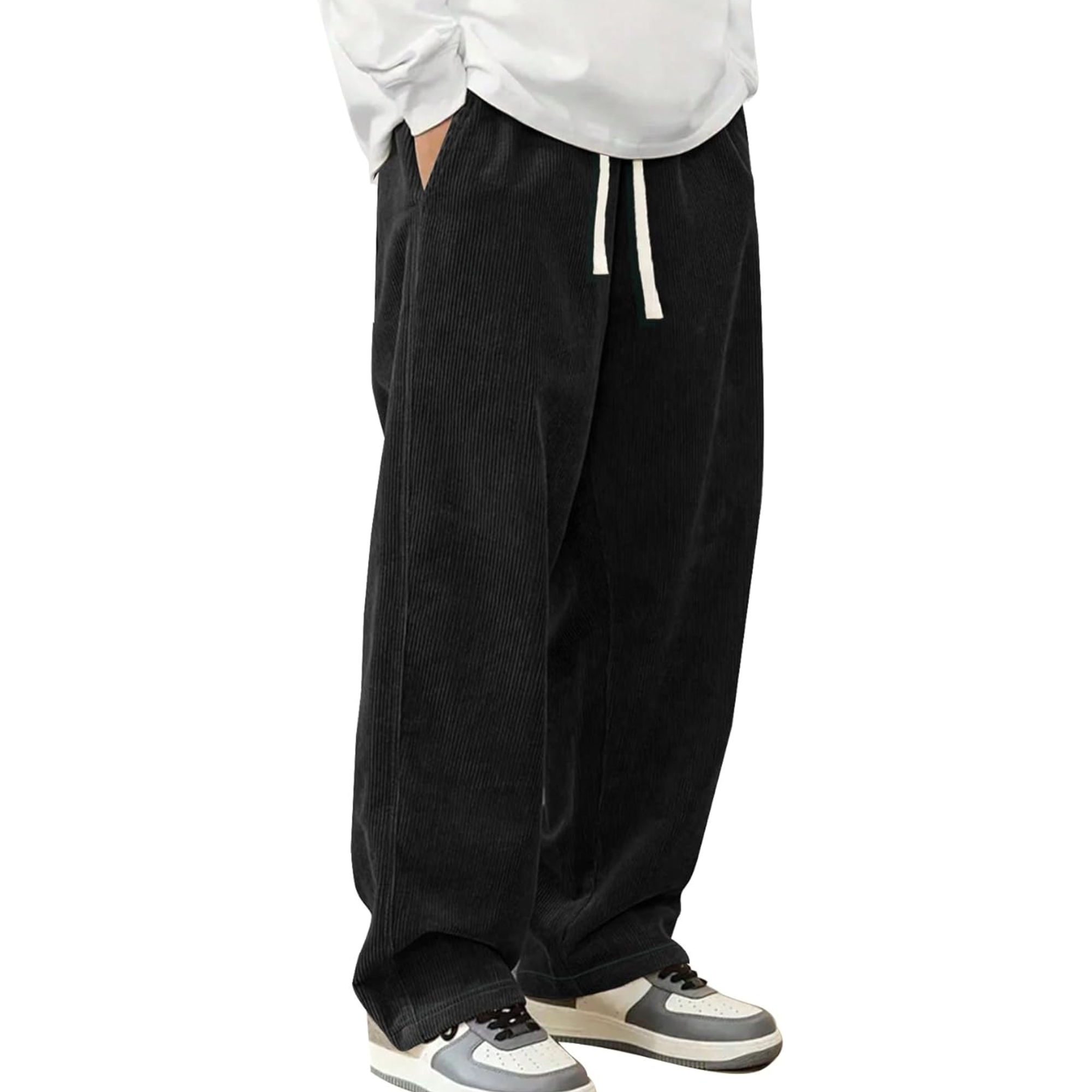Corduroy Casual Pants Fashion Loose Fit Wide Leg Pants Straight Sweatpants Elastic Waist Drawstring