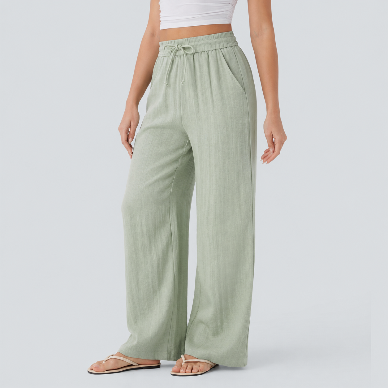 High Rise Wide Fit Drawstring Casual Pants With Pockets For Women