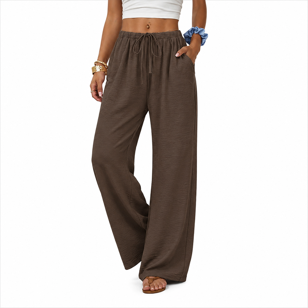 Flowy Palazzo Pants With Pockets And Drawstring Style For Women