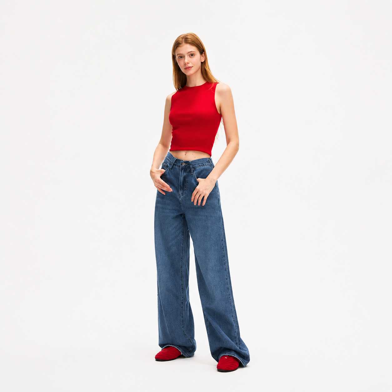 High Rise Wide Straight Baggy Jeans With Snap Button Waistband For Women