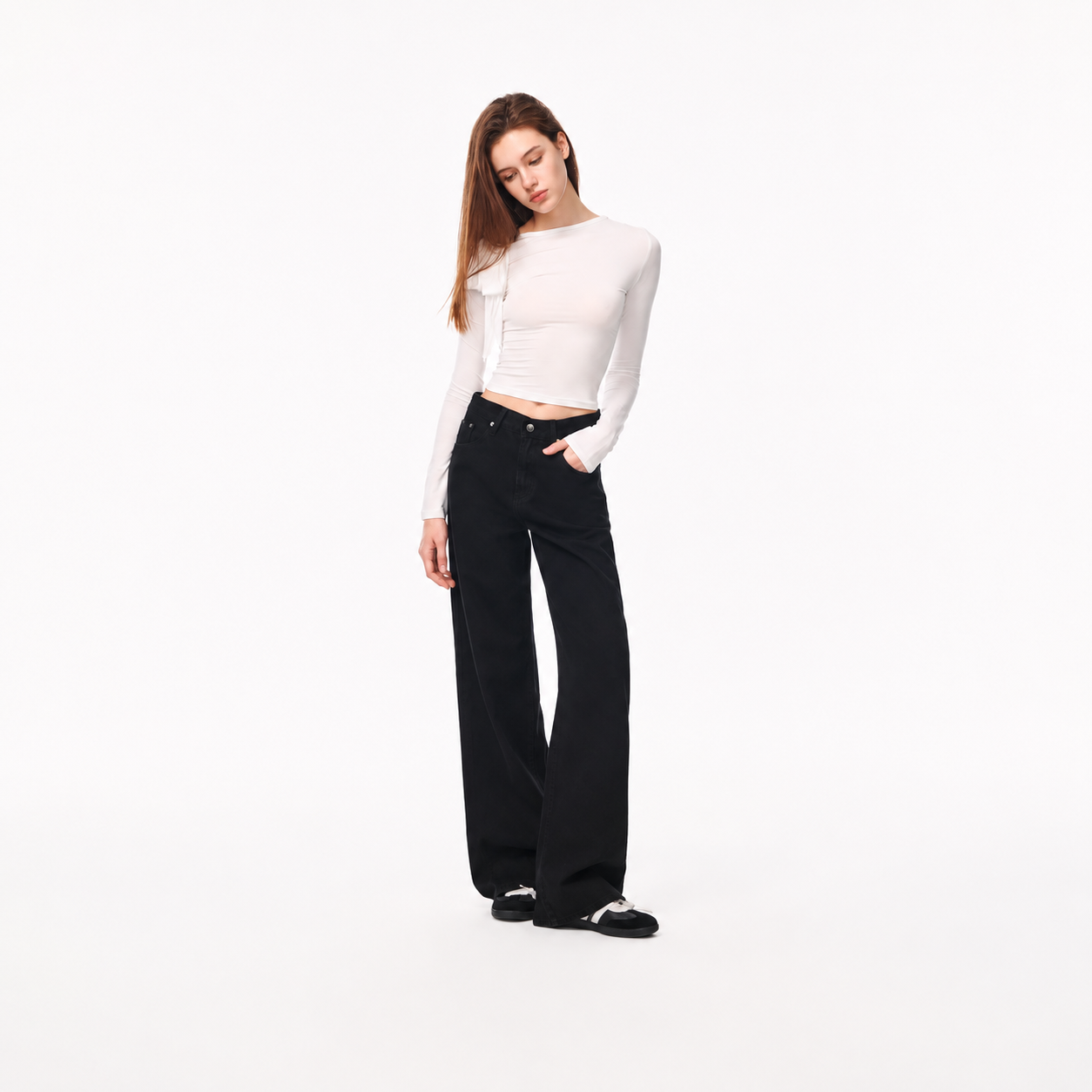 High Rise Wide Straight Baggy Jeans With Snap Button Waistband For Women