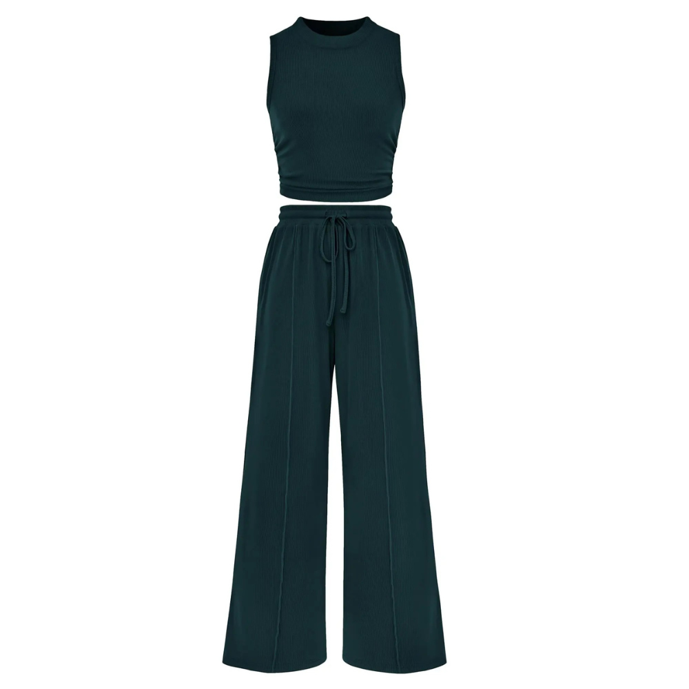 2 Piece Outfits Set With Sleeveless Crop Top And Wide Pants For Women