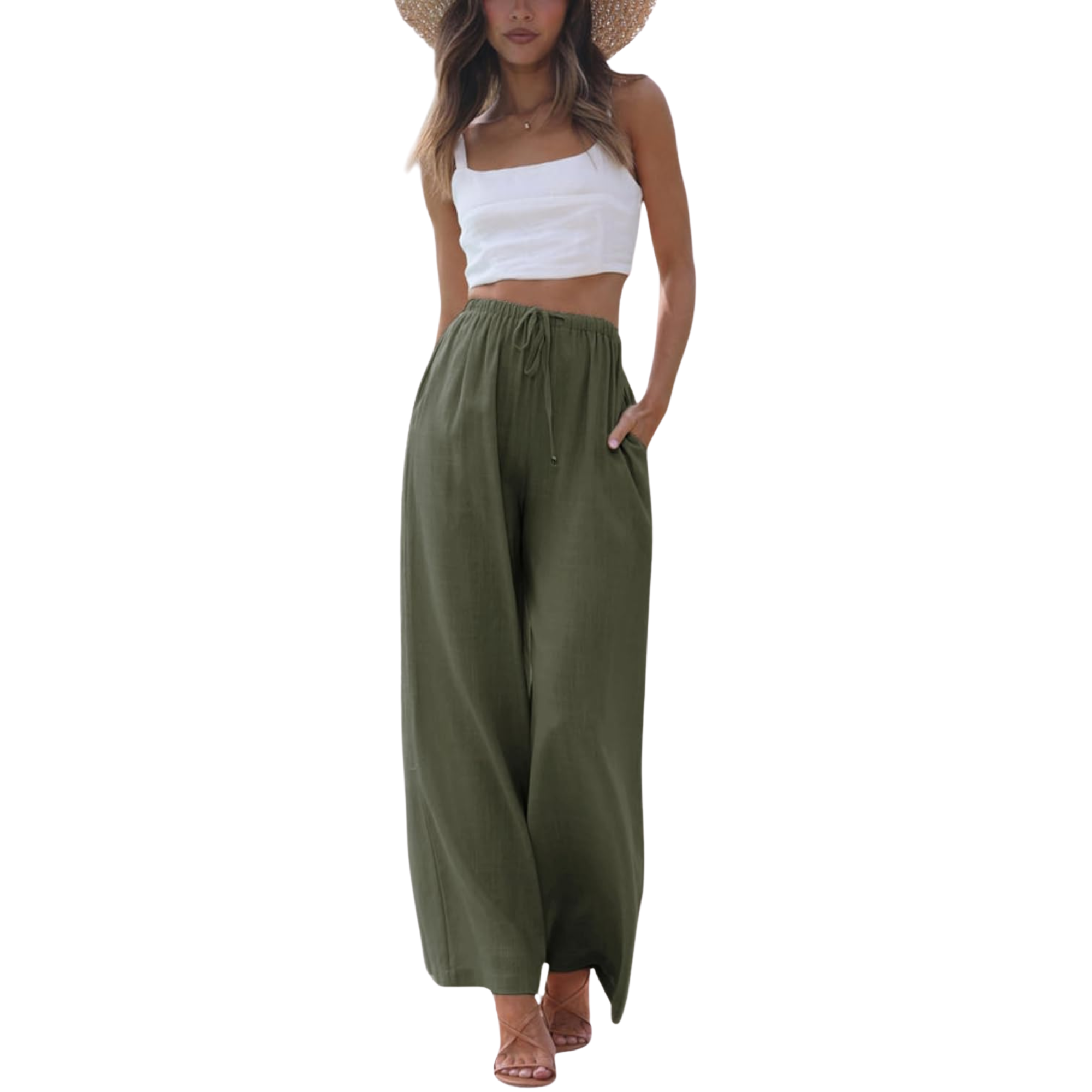 Cotton Linen Wide Leg Palazzo Pants with Pockets