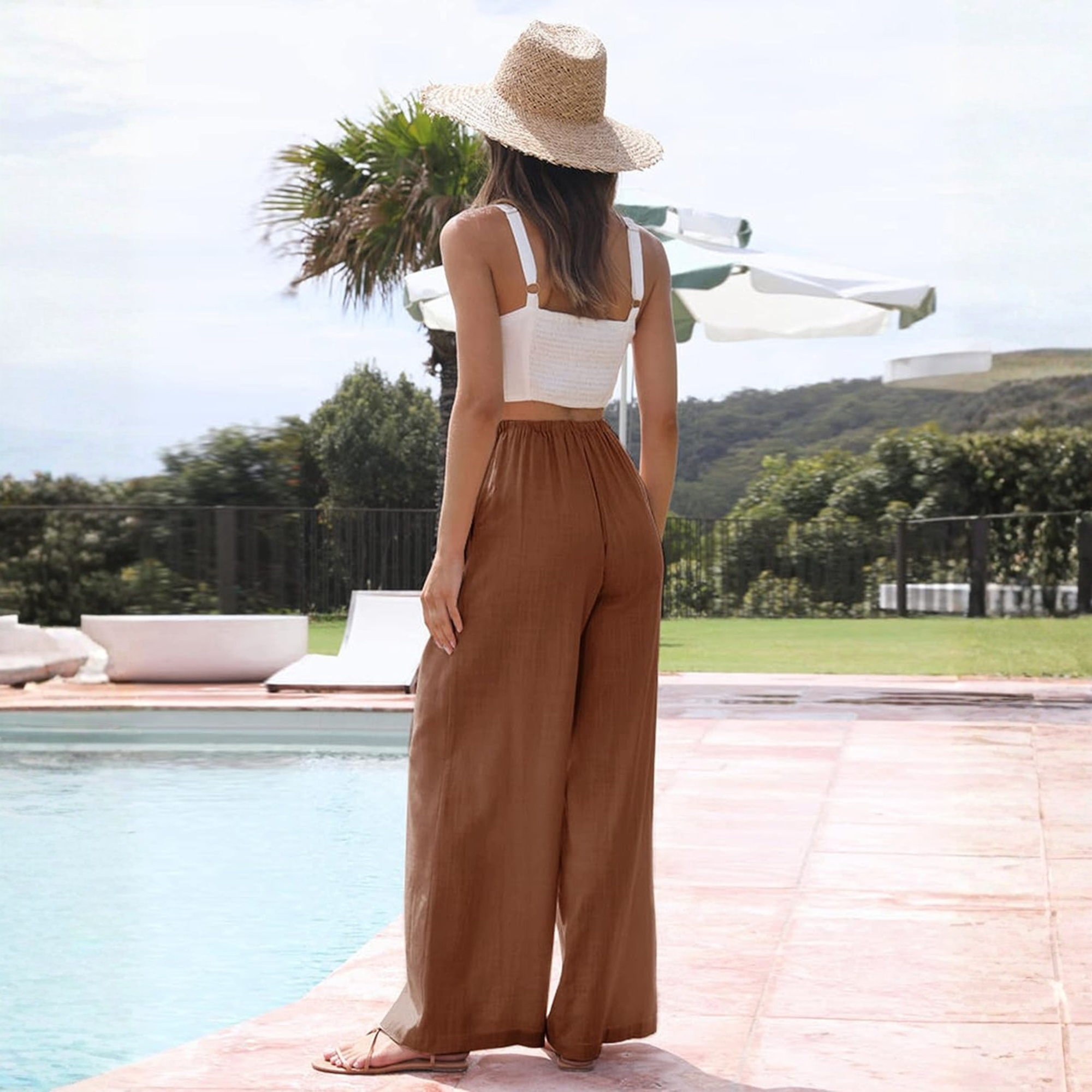 Cotton Linen Wide Leg Palazzo Pants with Pockets