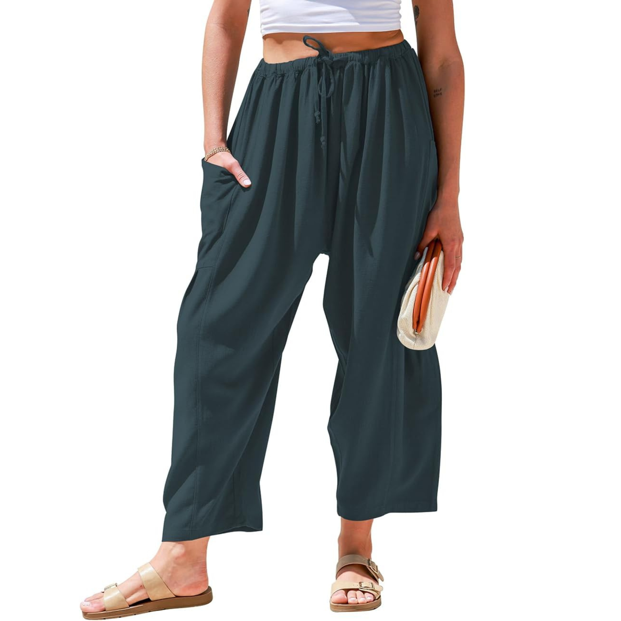 Linen Wide Leg Drawstring Palazzo Harem Pants Women
