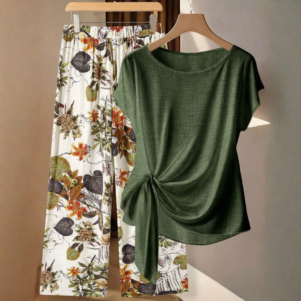 Casual Bowknot Shirt & Loose Straight Geometric Print Pants Set
