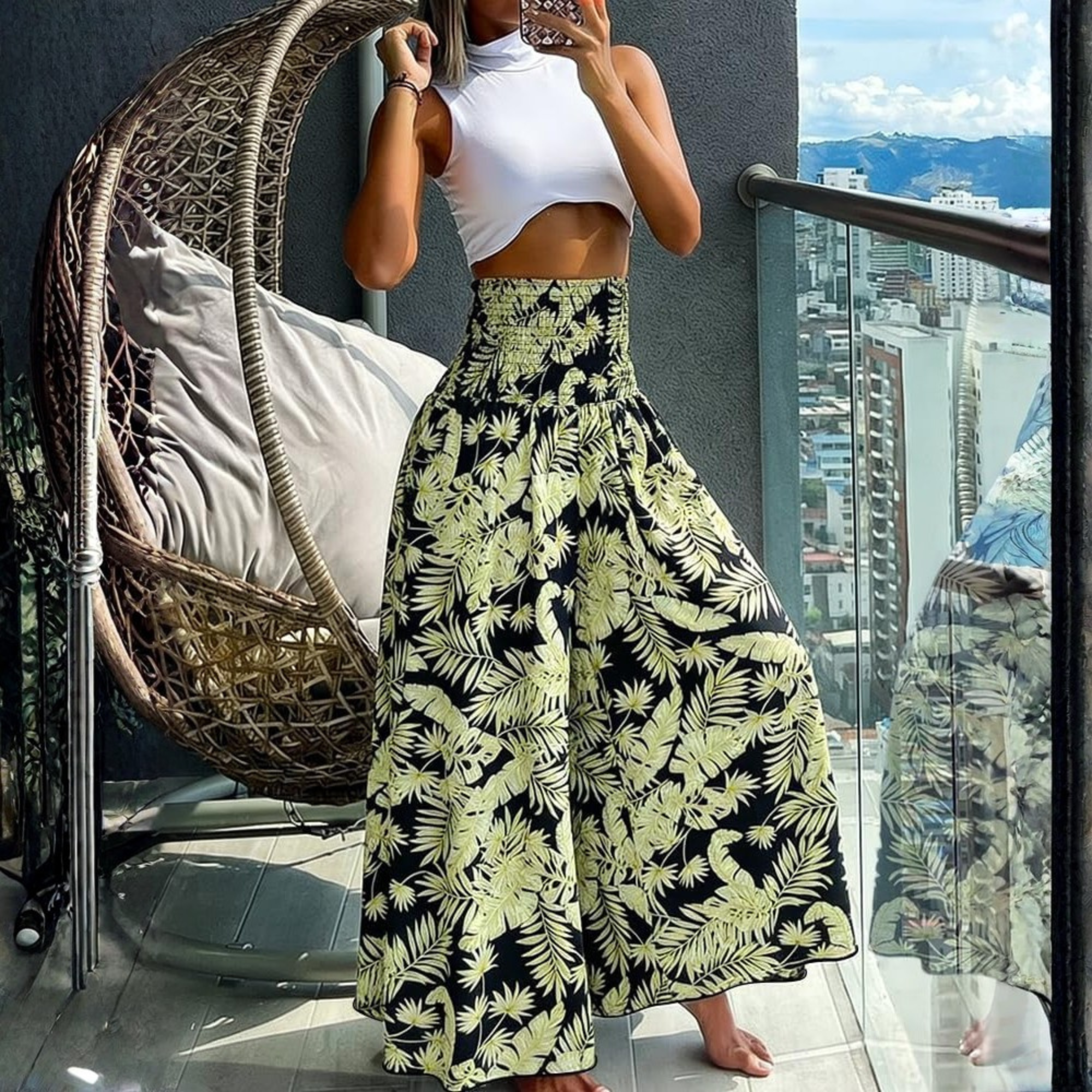 Boho Floral High Waisted Wide Leg Beach Pants