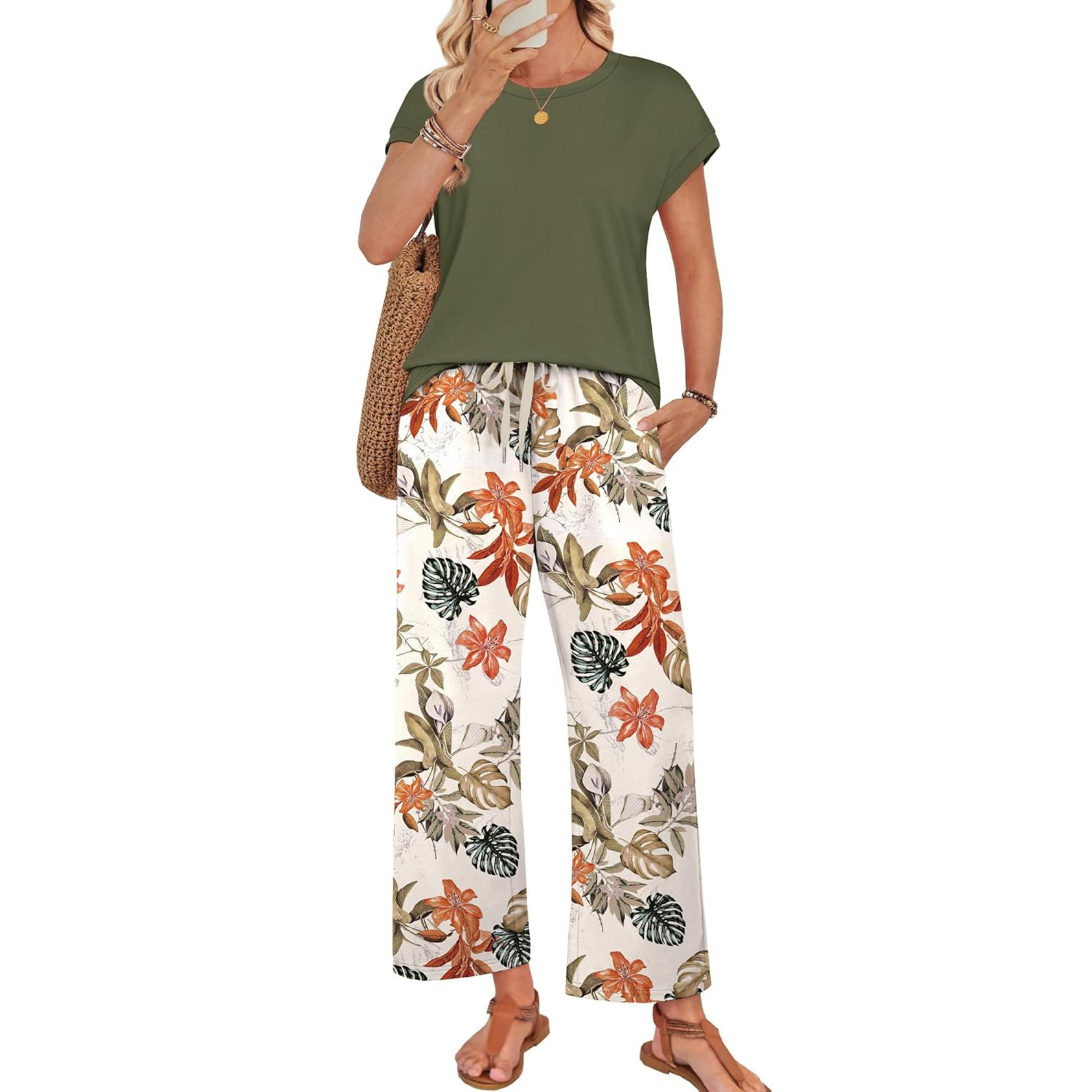 Women Two Piece Lounge Set with Wide Leg Pants