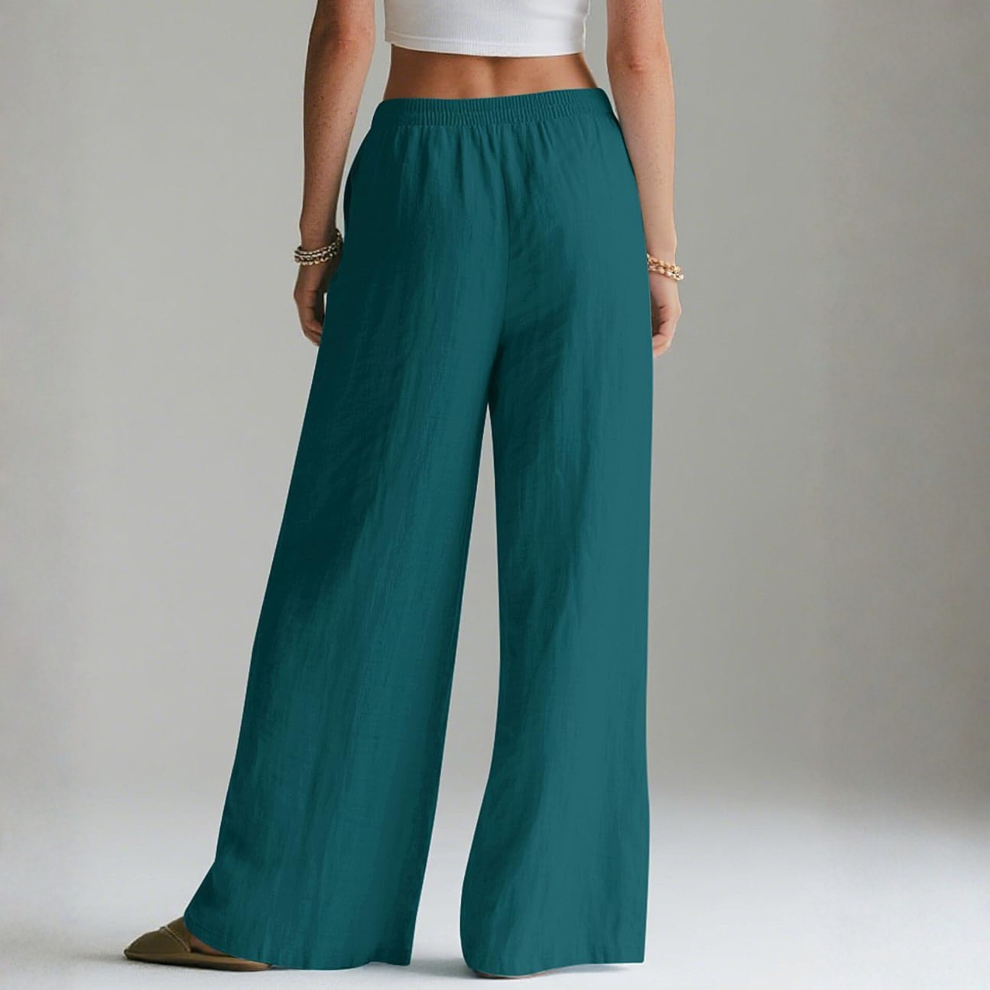 Linen Wide Leg Palazzo Pants with Elastic Waist Pockets