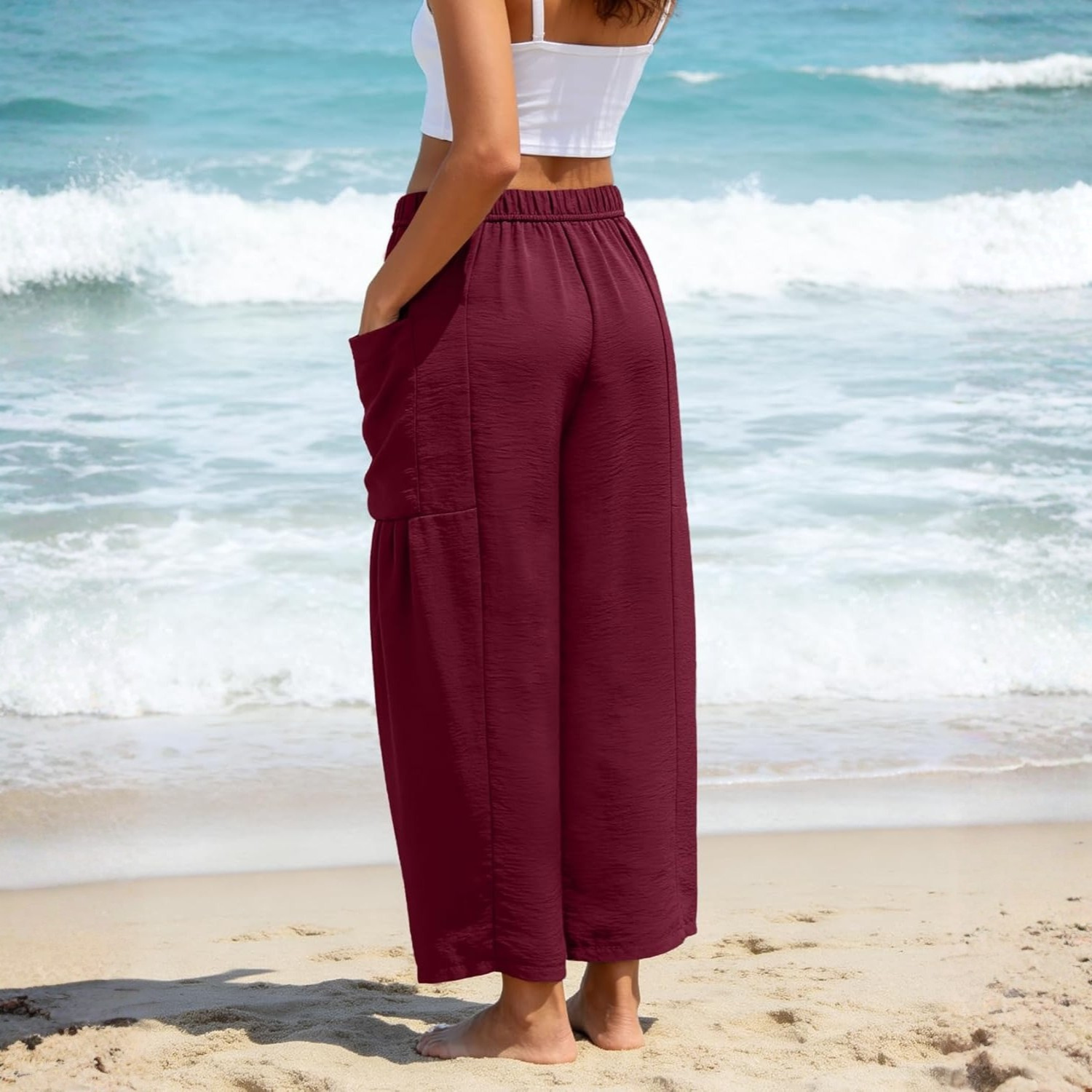 High Rise Flowy Palazzo Wide Harem Pants for Women With Drawstring and Pockets
