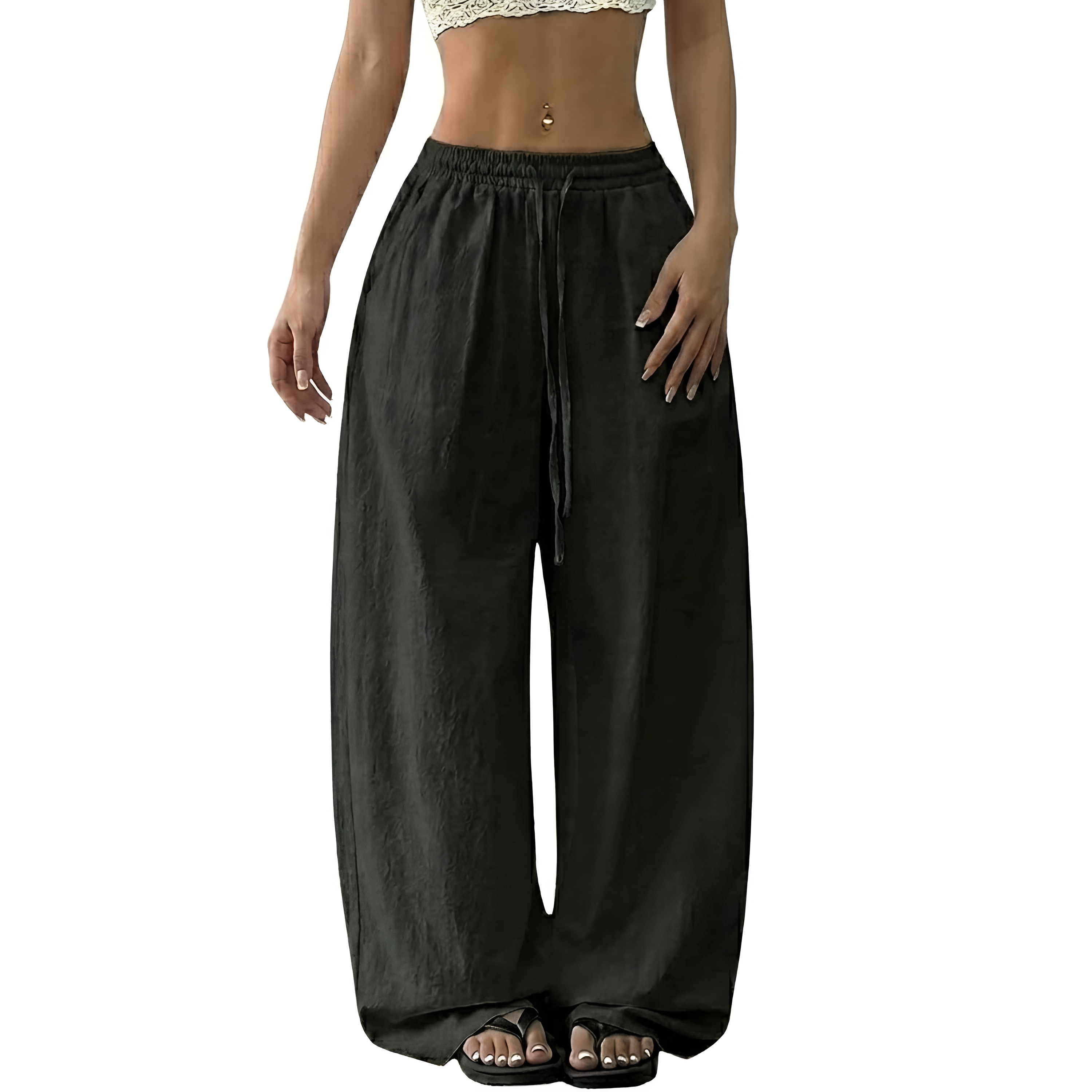 Boho Linen Wide Palazzo Drawstring Pants for Women
