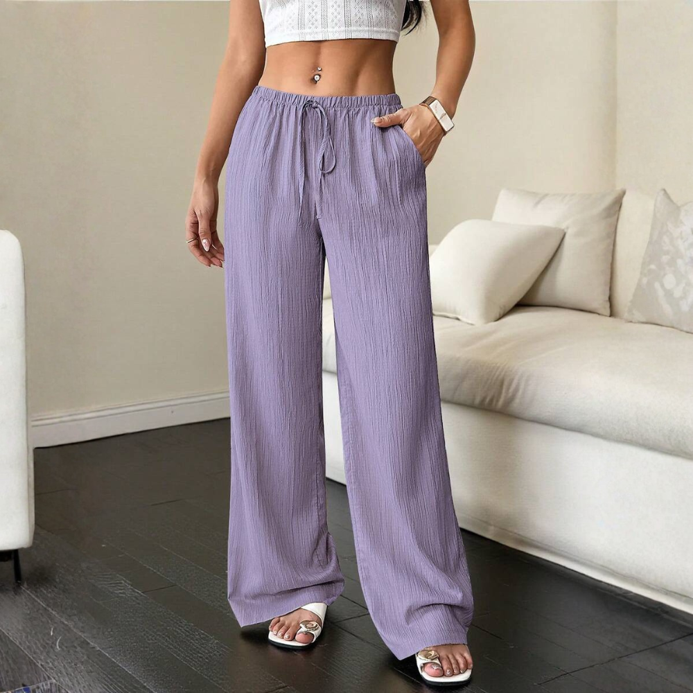 Solid Pocket Wide Loose Casual Pants For Women