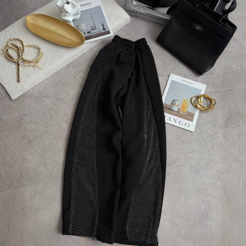 Women's warm trousers with mesh and rhinestonesOversized Warm Pants With Mesh Rhinestone Side Panels For Women - Image 3