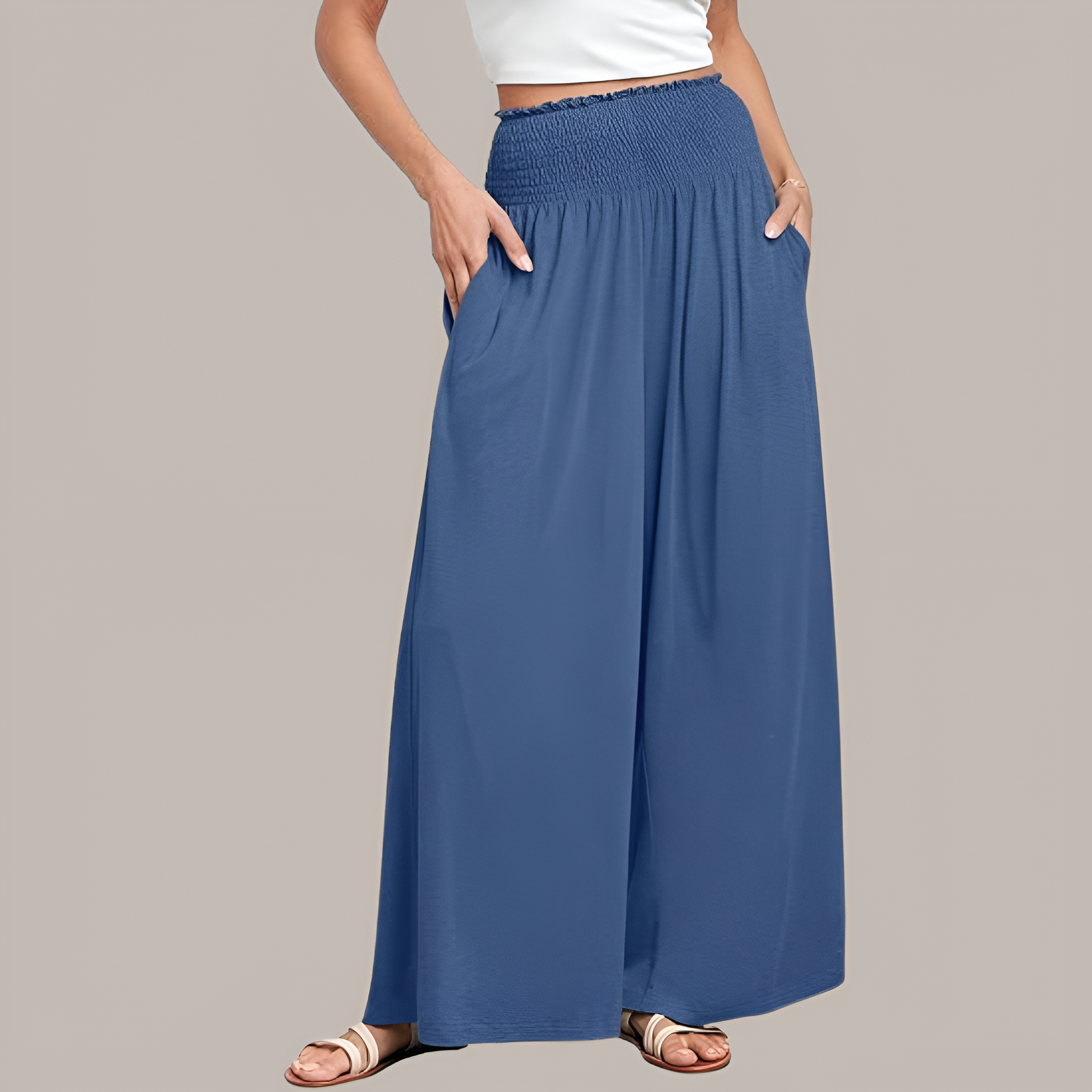 Casual Smocked Waist Wide Shank PantsSummer Boho Palazzo Pants With Baggy Fit And Loose Lounge Design For Women - Image 20