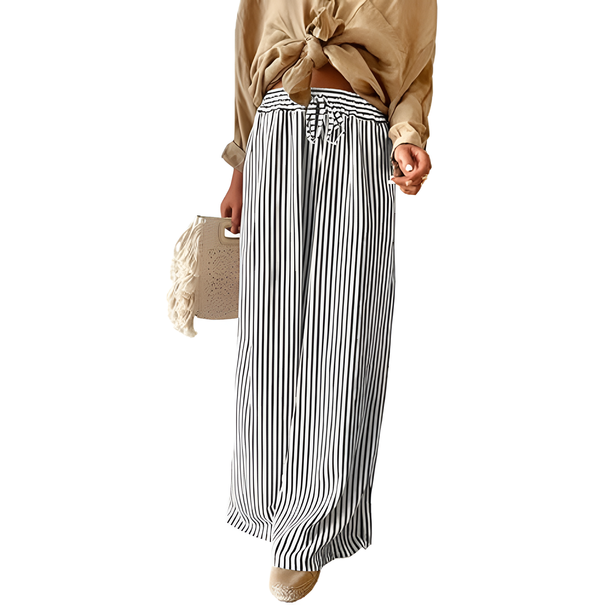 Women Casual Drawstring Elastic Waist Striped Wide Leg Pants with Pockets