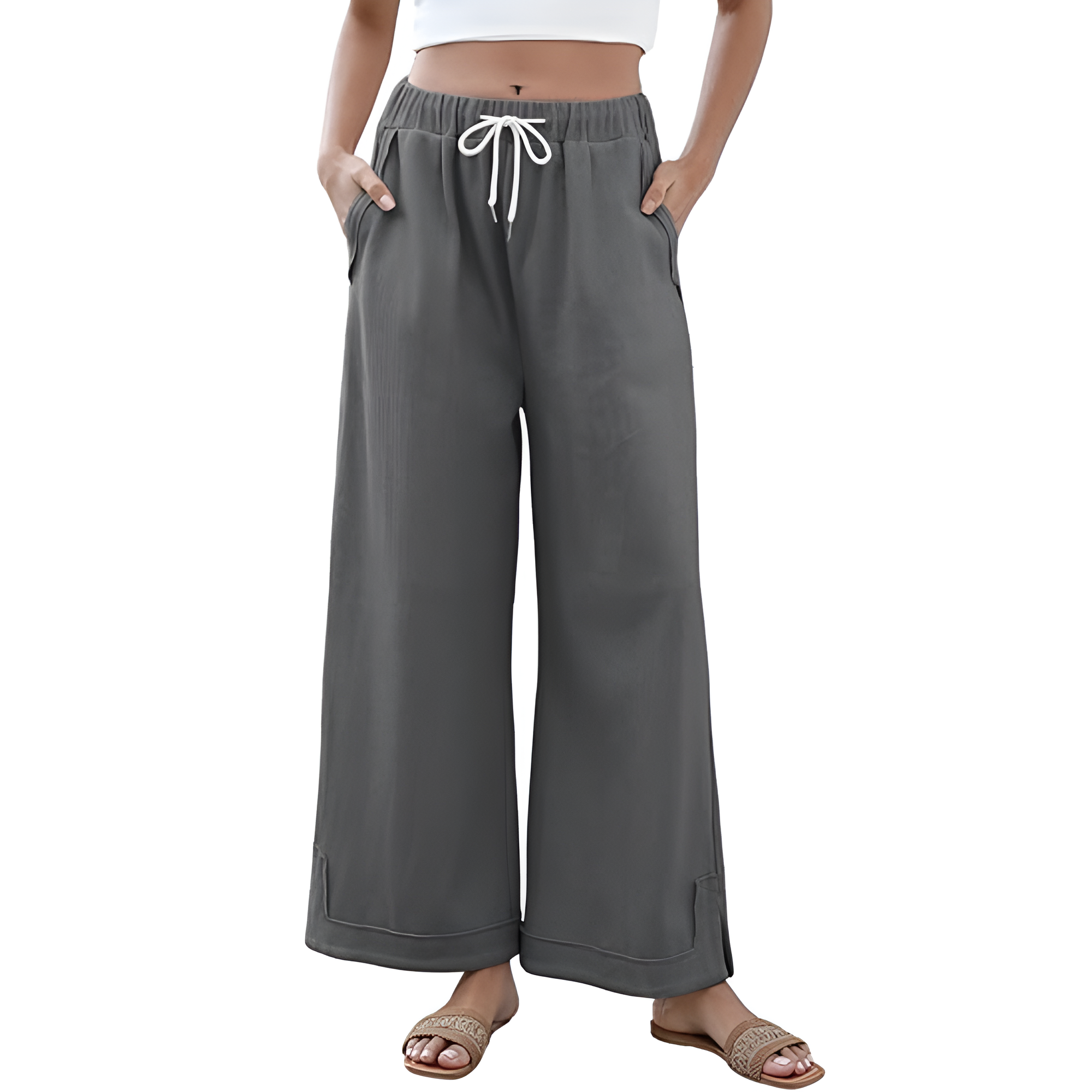 [Copy]High Waist Cropped Wide PantsLoose Fit Drawstring Wide Trousers - Image 9