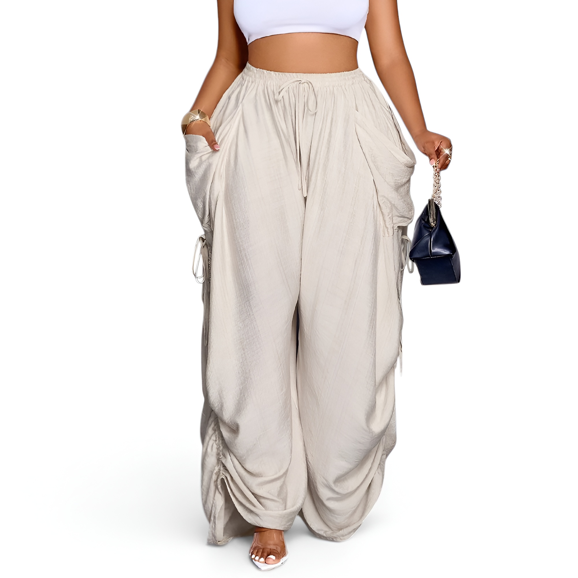 Womens Casual Loose Fit Wide Leg Drawstring Pants