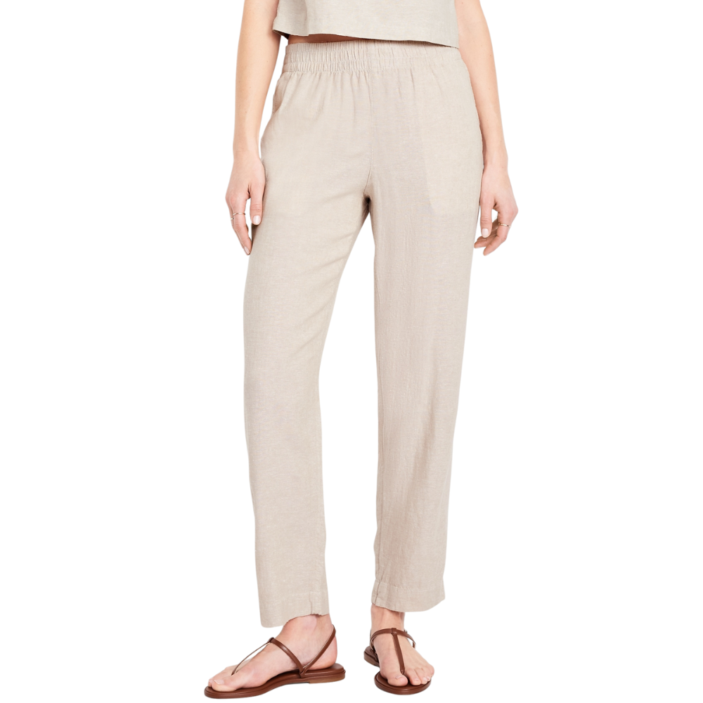 High Rise Linen Blend Straight Pants