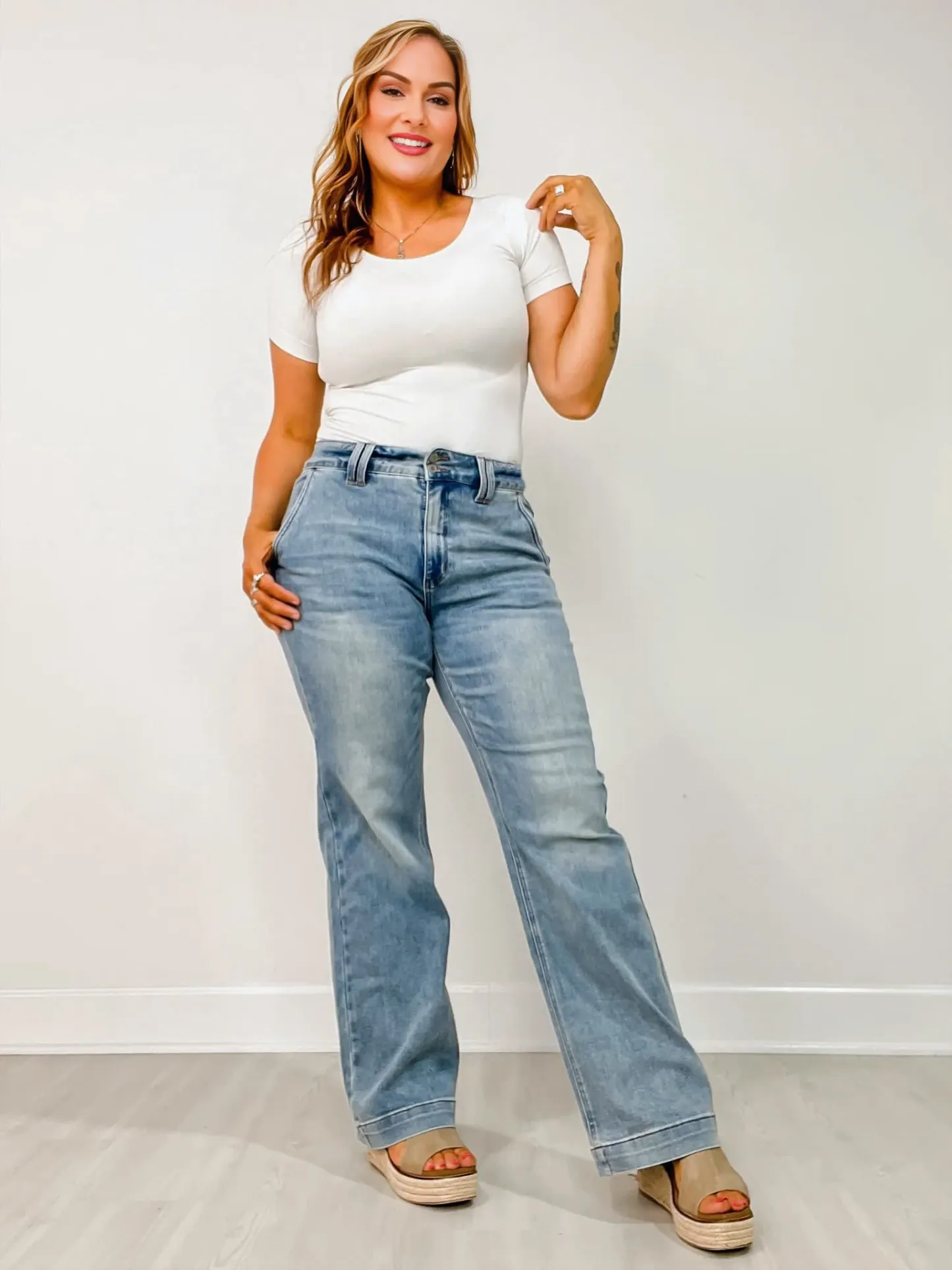 High Rise Double Button Wide Leg Jeans