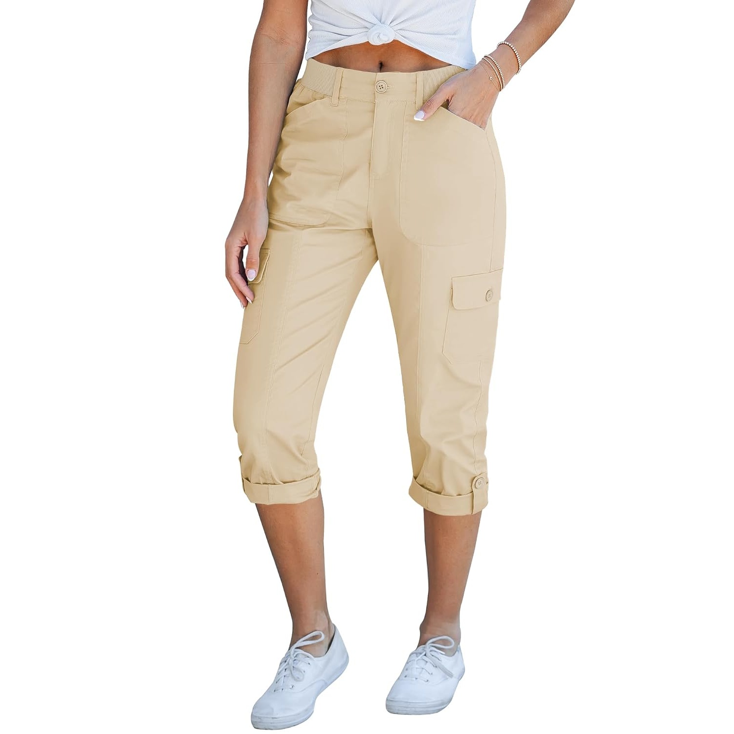 Casual Cargo Capri Pants With Knit Waistband