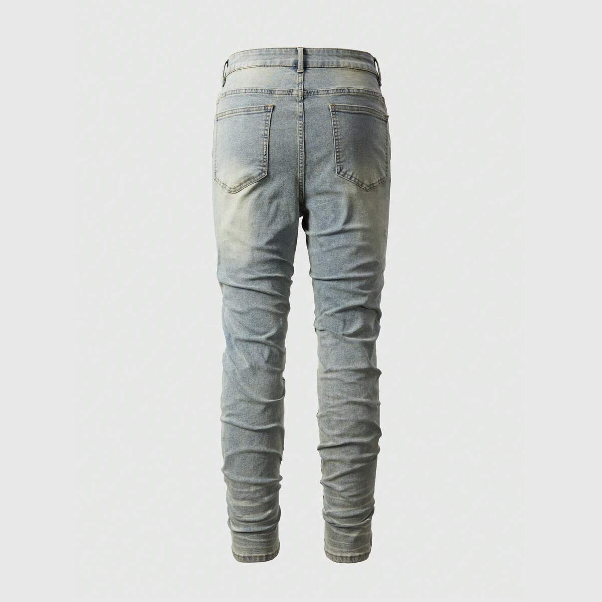 Vintage Washed Distressed Jeans With Rhinestone Decor For Men
