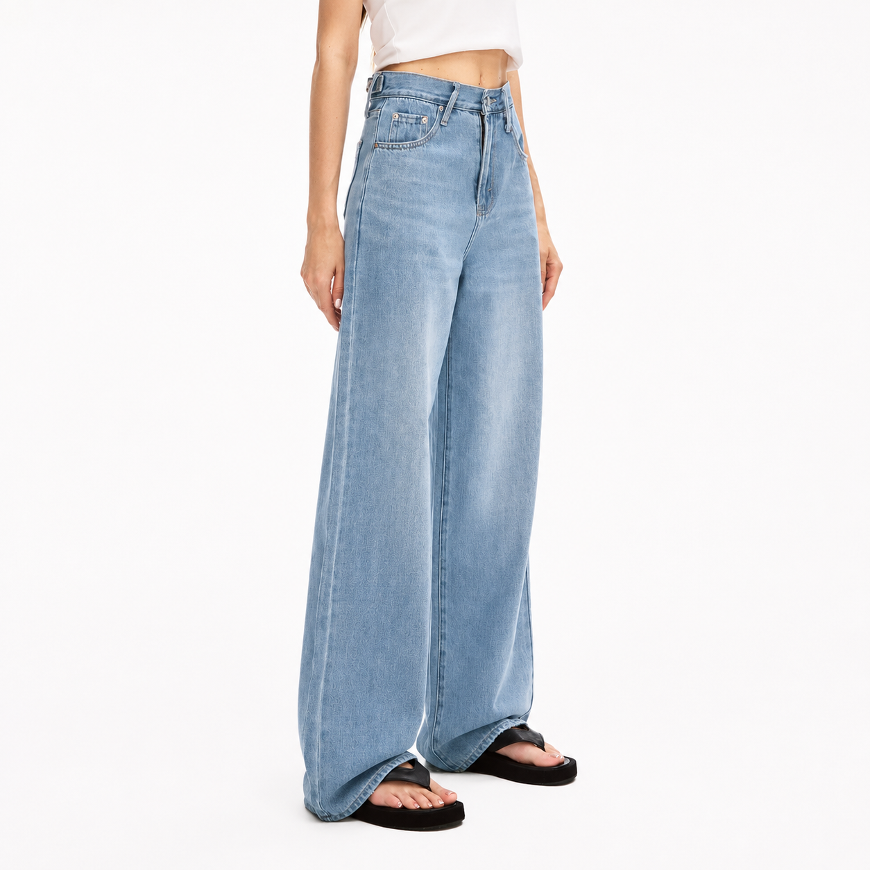 High Rise Wide Straight Baggy Jeans With Snap Button Waistband For Women
