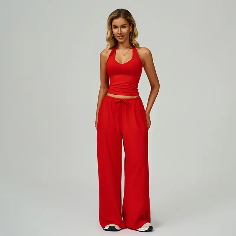 Casual Summer Ribbed Matching Set With Athleisure Strappy Top And Pants