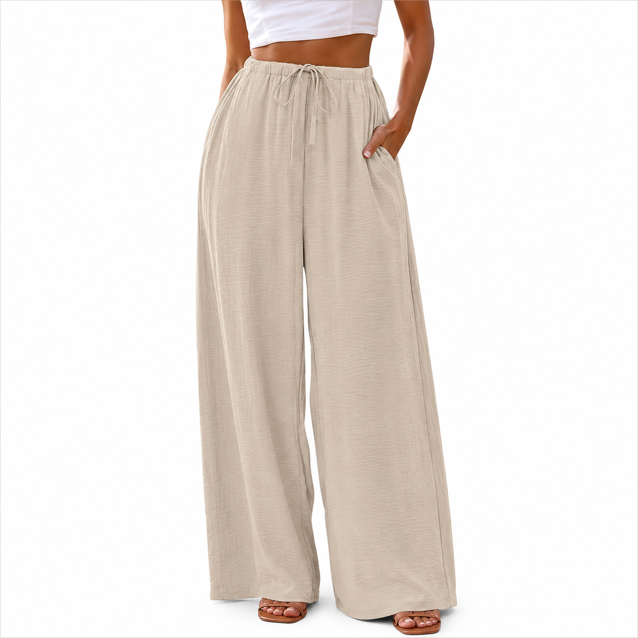 Flowy Palazzo Pants With Pockets And Drawstring Style For Women