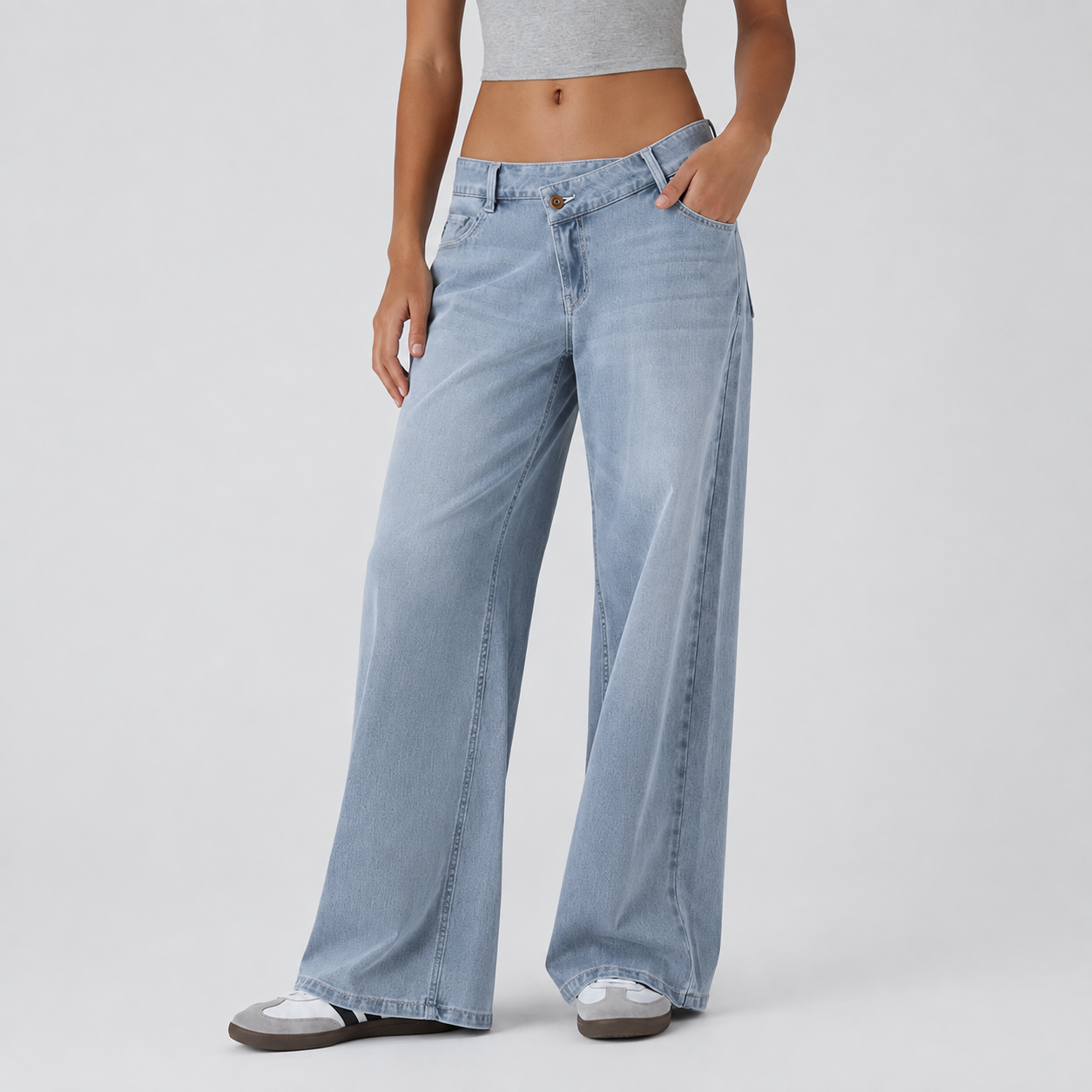 Asymmetric Low Rise Baggy Wide Casual Jeans With Pockets For Women