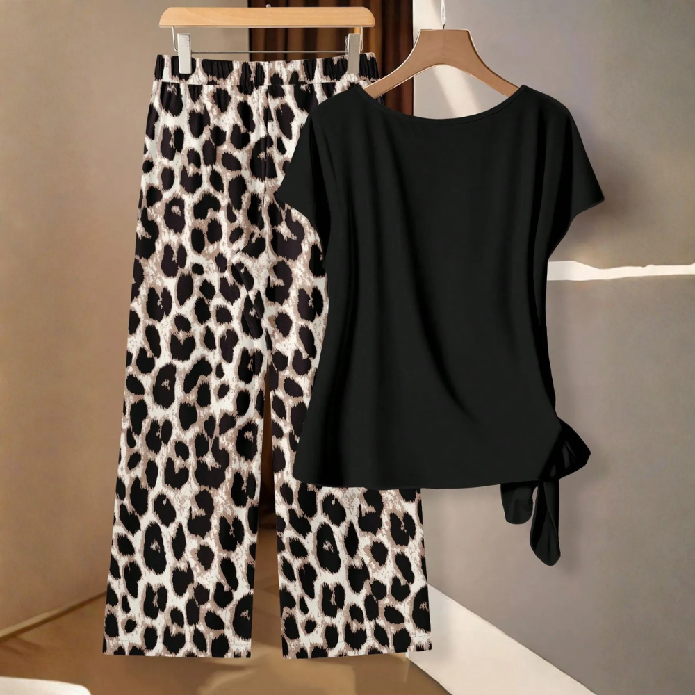 Casual Bowknot Shirt & Loose Straight Geometric Print Pants Set