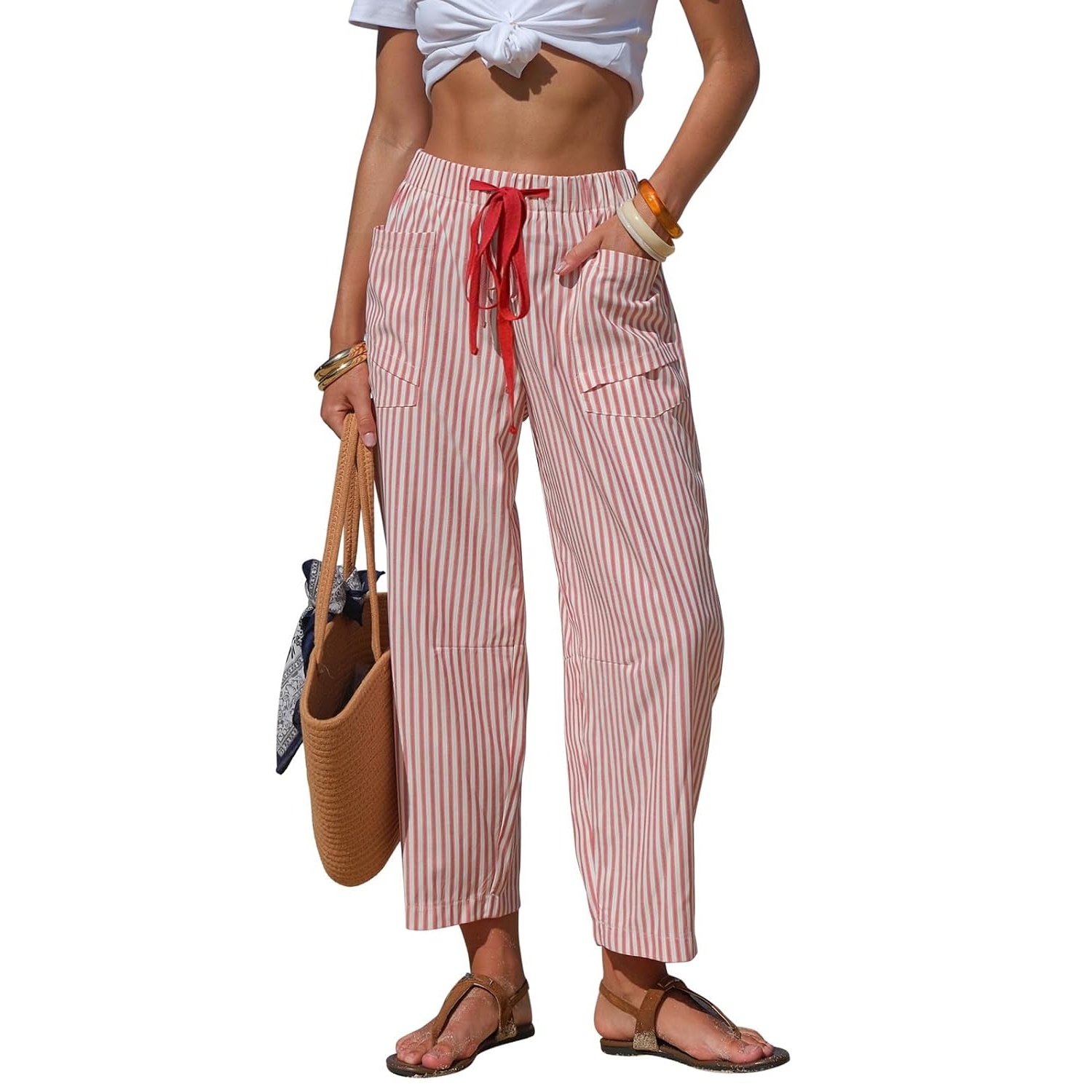 Summer Striped Barrel Pants With Drawstring For Women