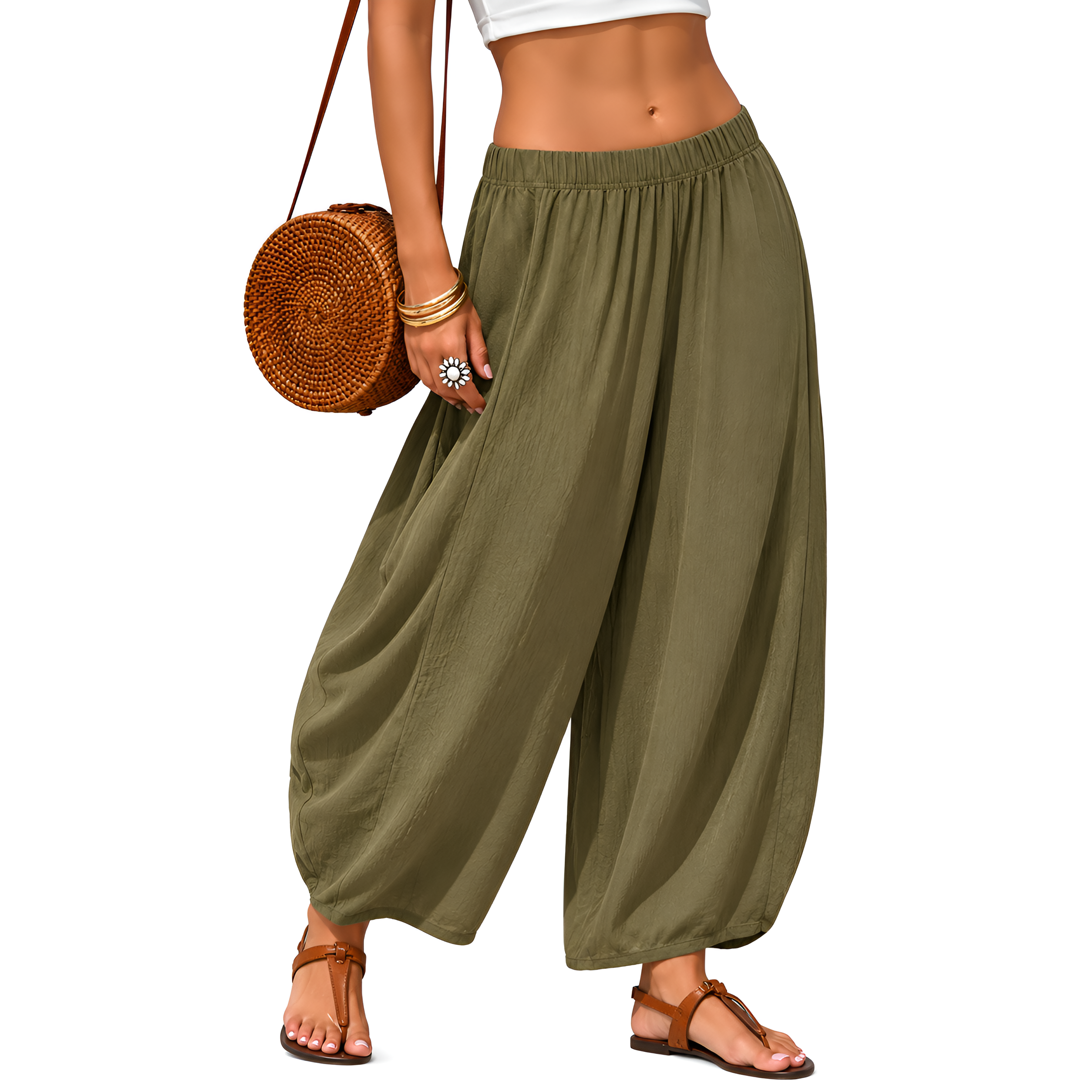 Casual Boho Flowy Palazzo Pants With Elastic Fit For Women