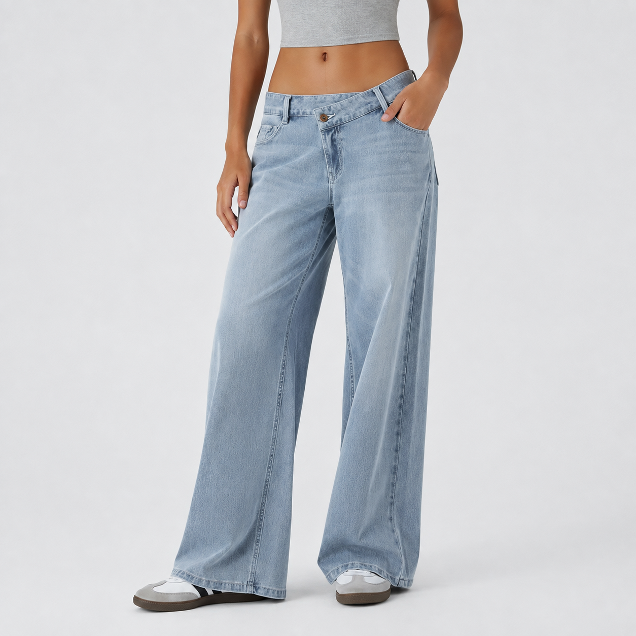 Asymmetric Low Rise Baggy Wide Casual Jeans With Pockets For Women