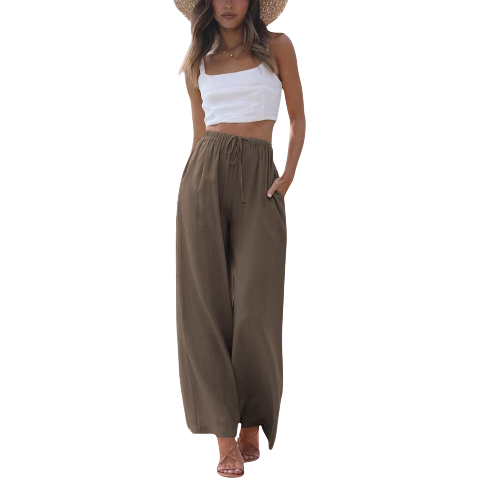 Cotton Linen Wide Leg Palazzo Pants with Pockets