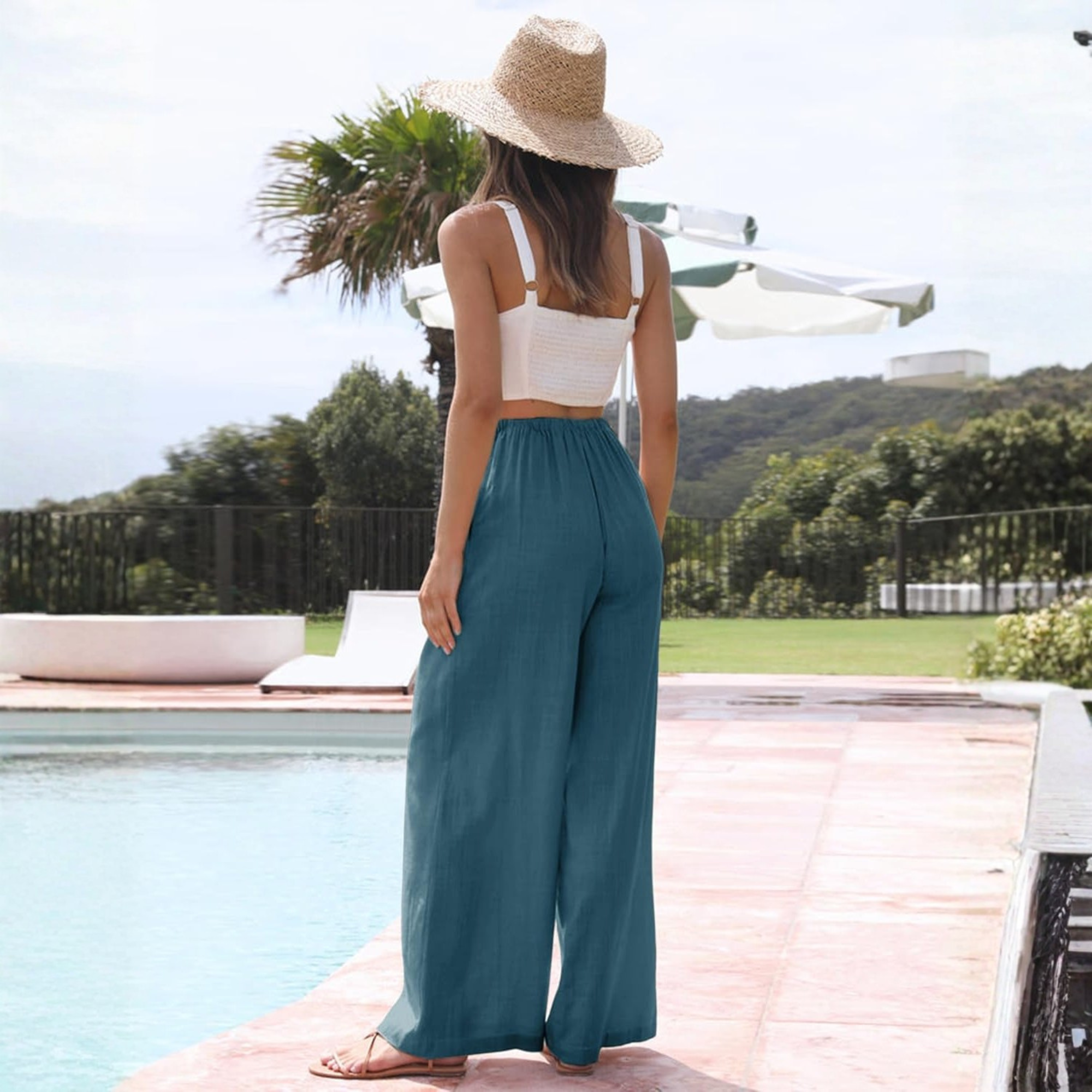 Cotton Linen Wide Leg Palazzo Pants with Pockets