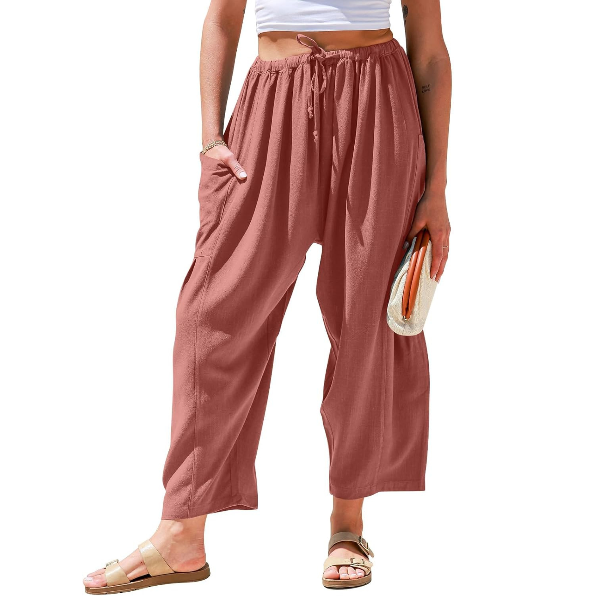 Linen Wide Leg Drawstring Palazzo Harem Pants Women