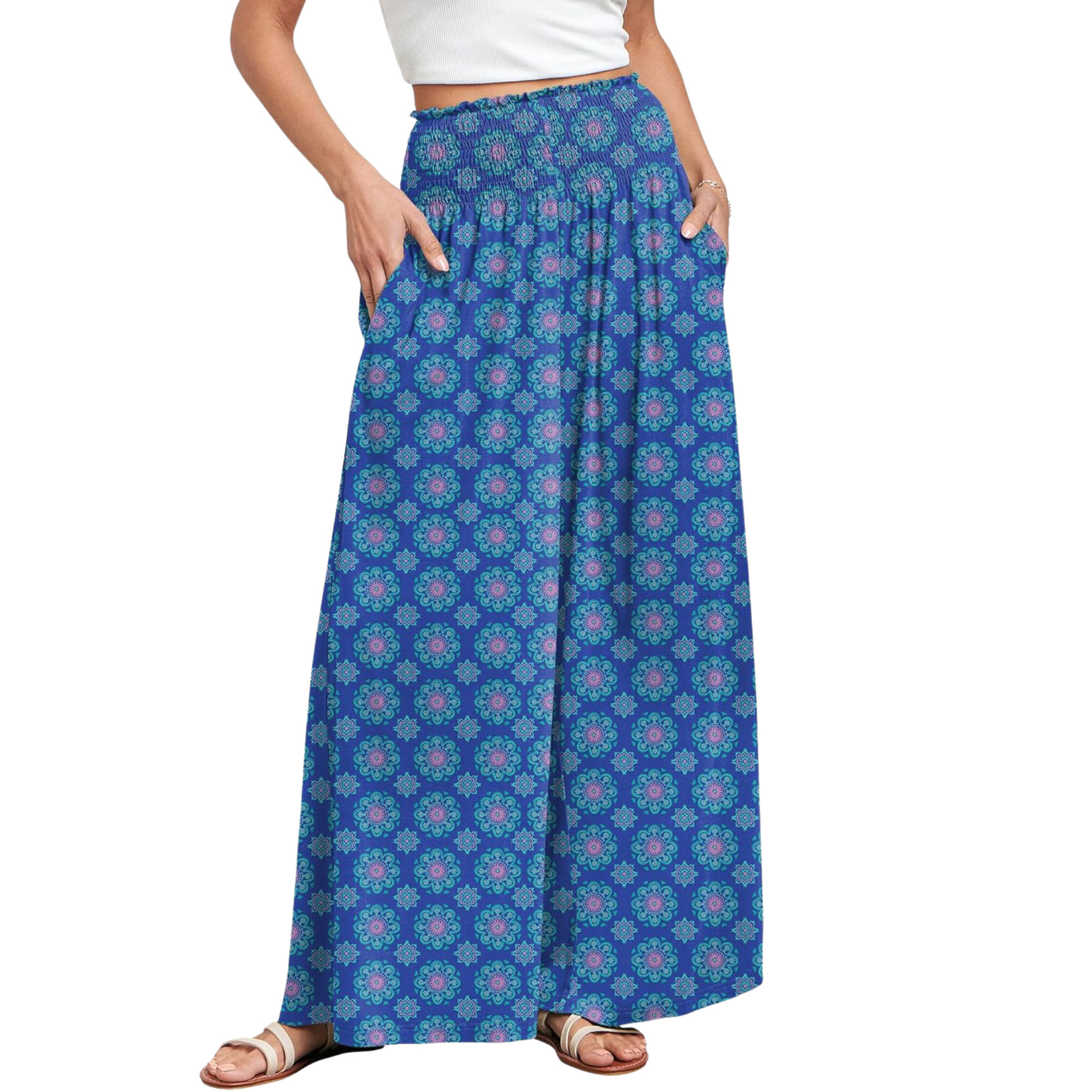 Boho Wide Leg Palazzo Lounge Pants with Pockets