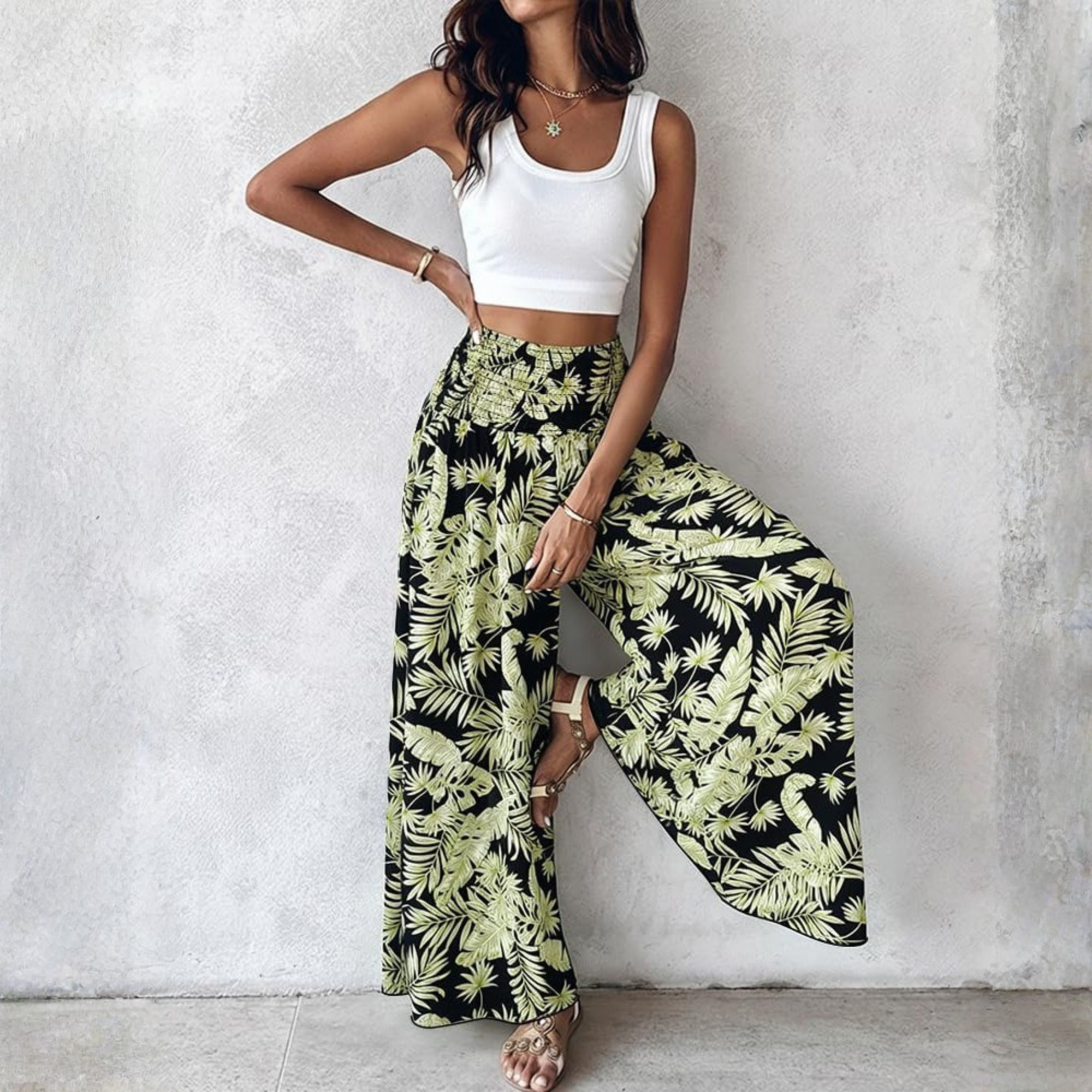 Boho Floral High Waisted Wide Leg Beach Pants