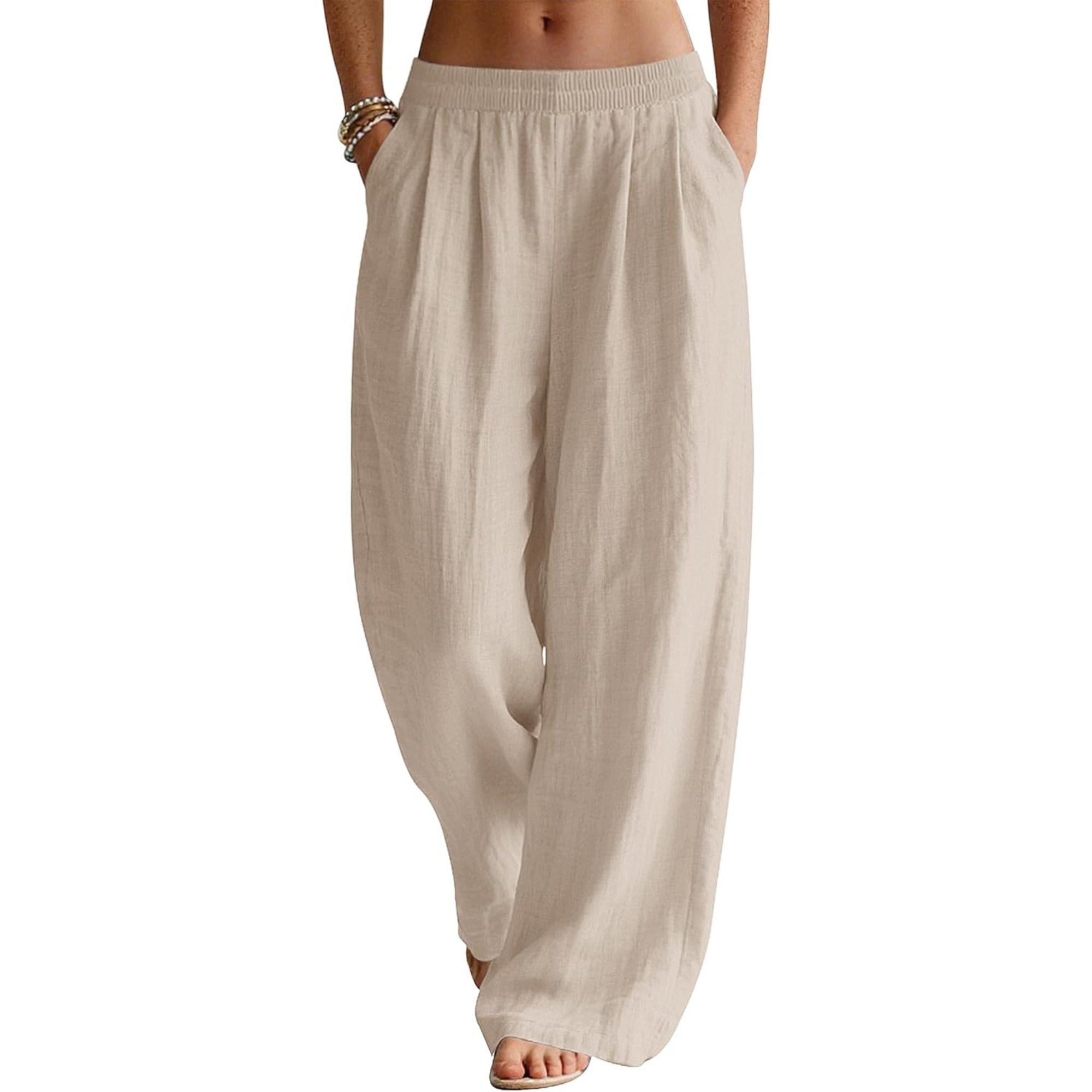 Linen Wide Leg Palazzo Pants with Elastic Waist Pockets