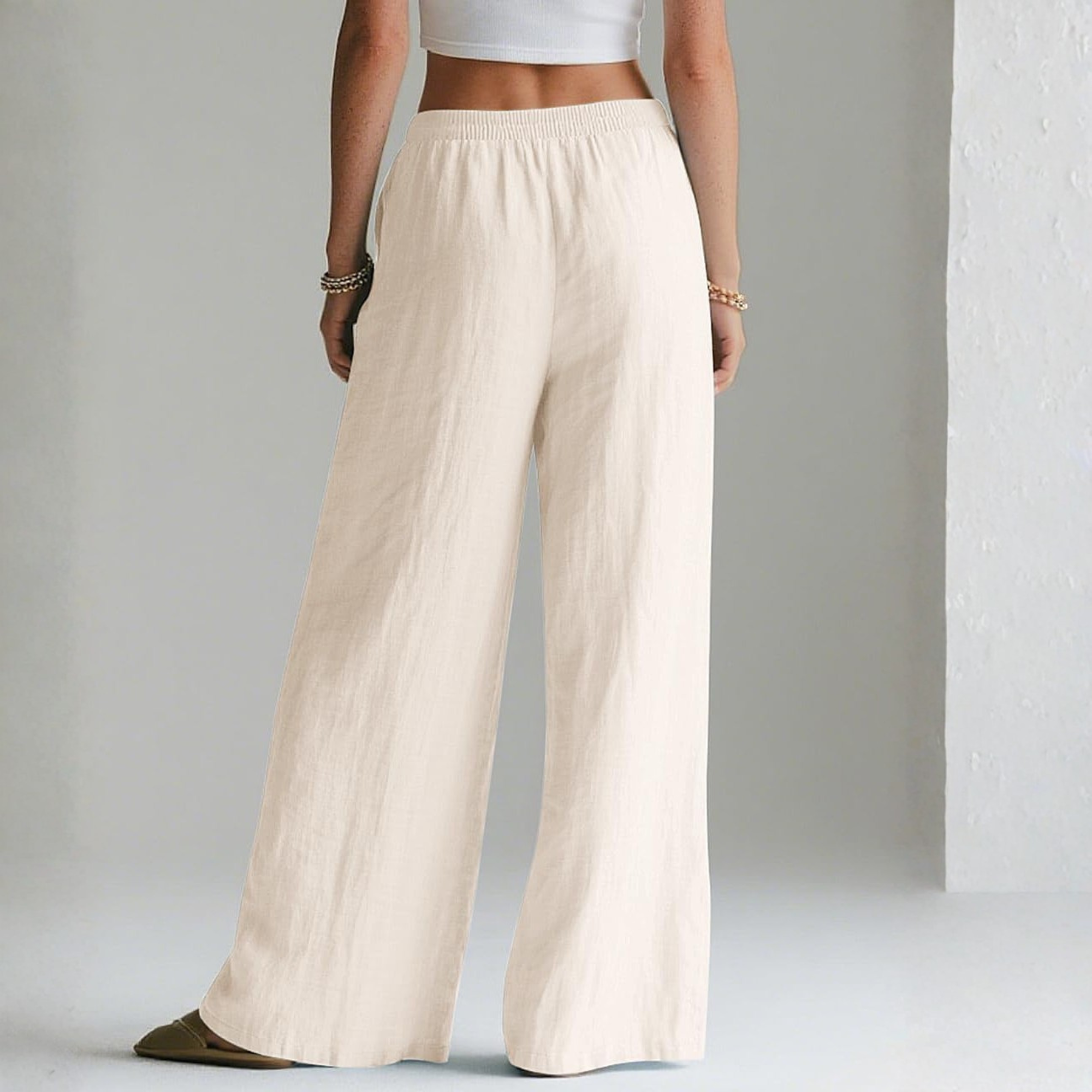 Linen Wide Leg Palazzo Pants with Elastic Waist Pockets