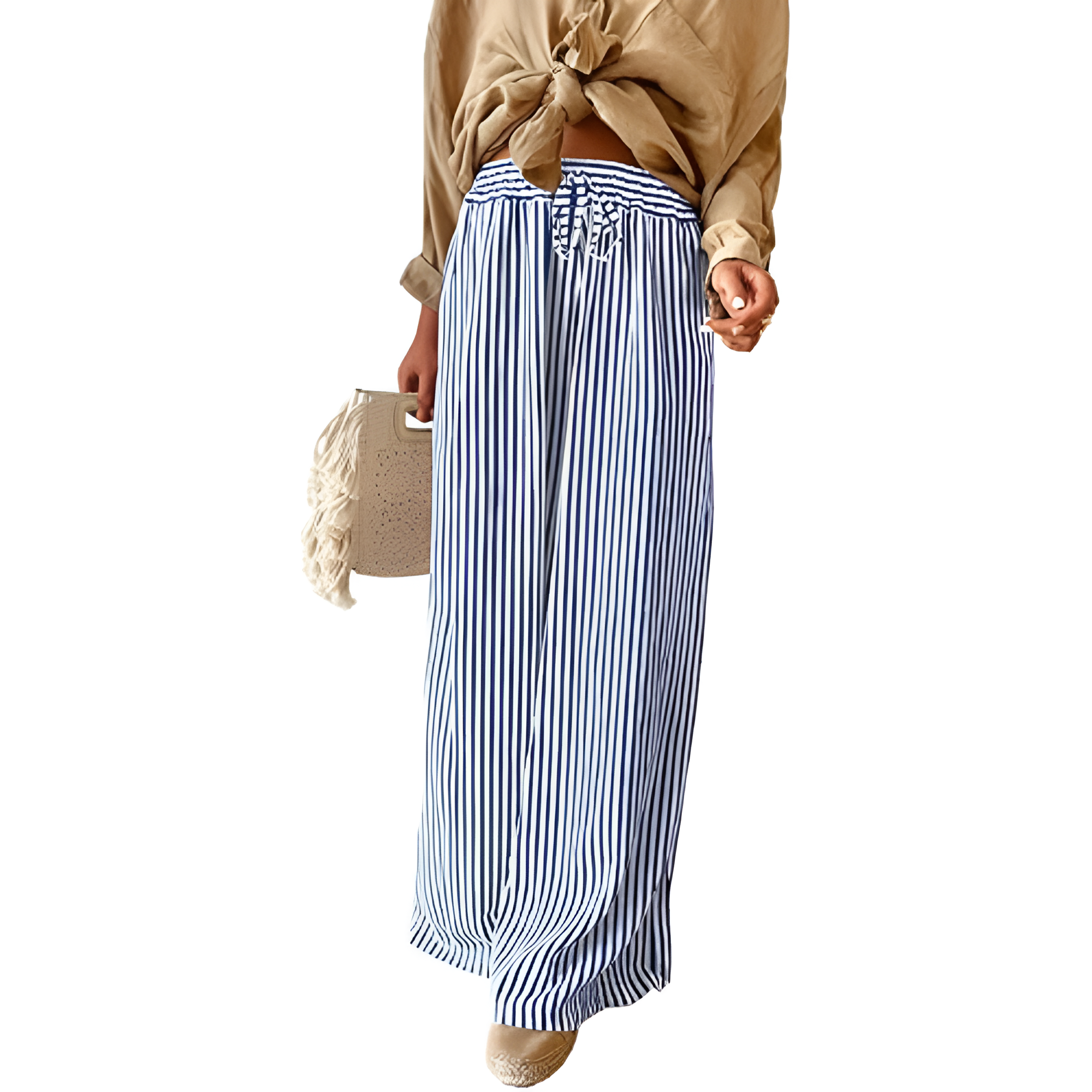 Women Casual Drawstring Elastic Waist Striped Wide Leg Pants with Pockets