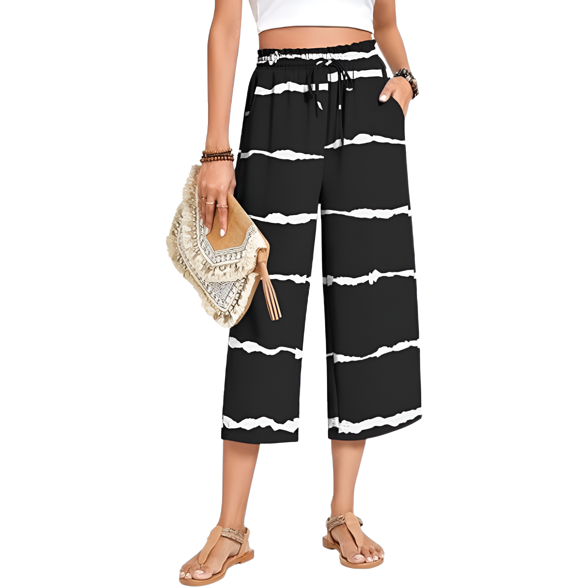 Wide Fit Casual Capri Pants With Pockets For Women