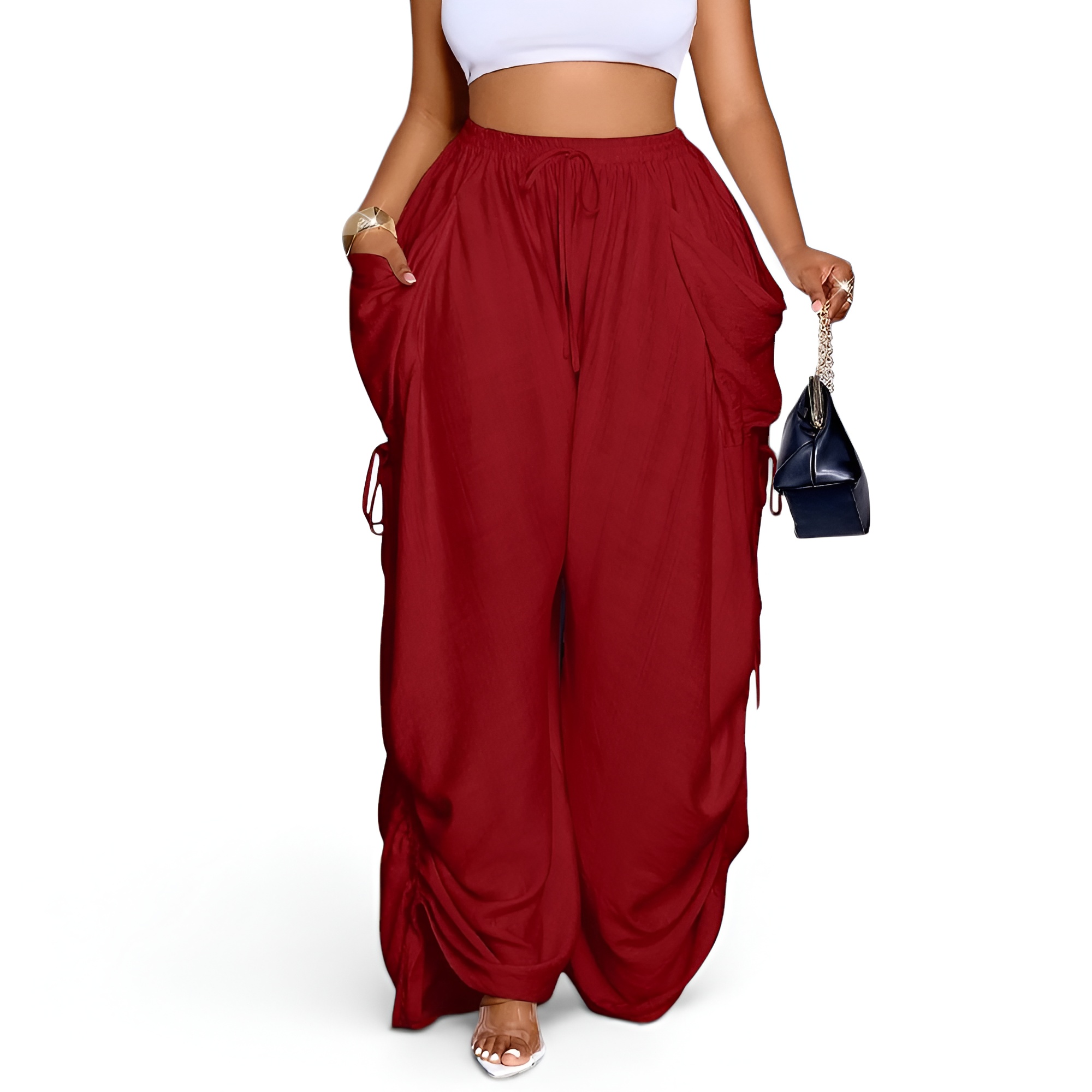 Womens Casual Loose Fit Wide Leg Drawstring Pants