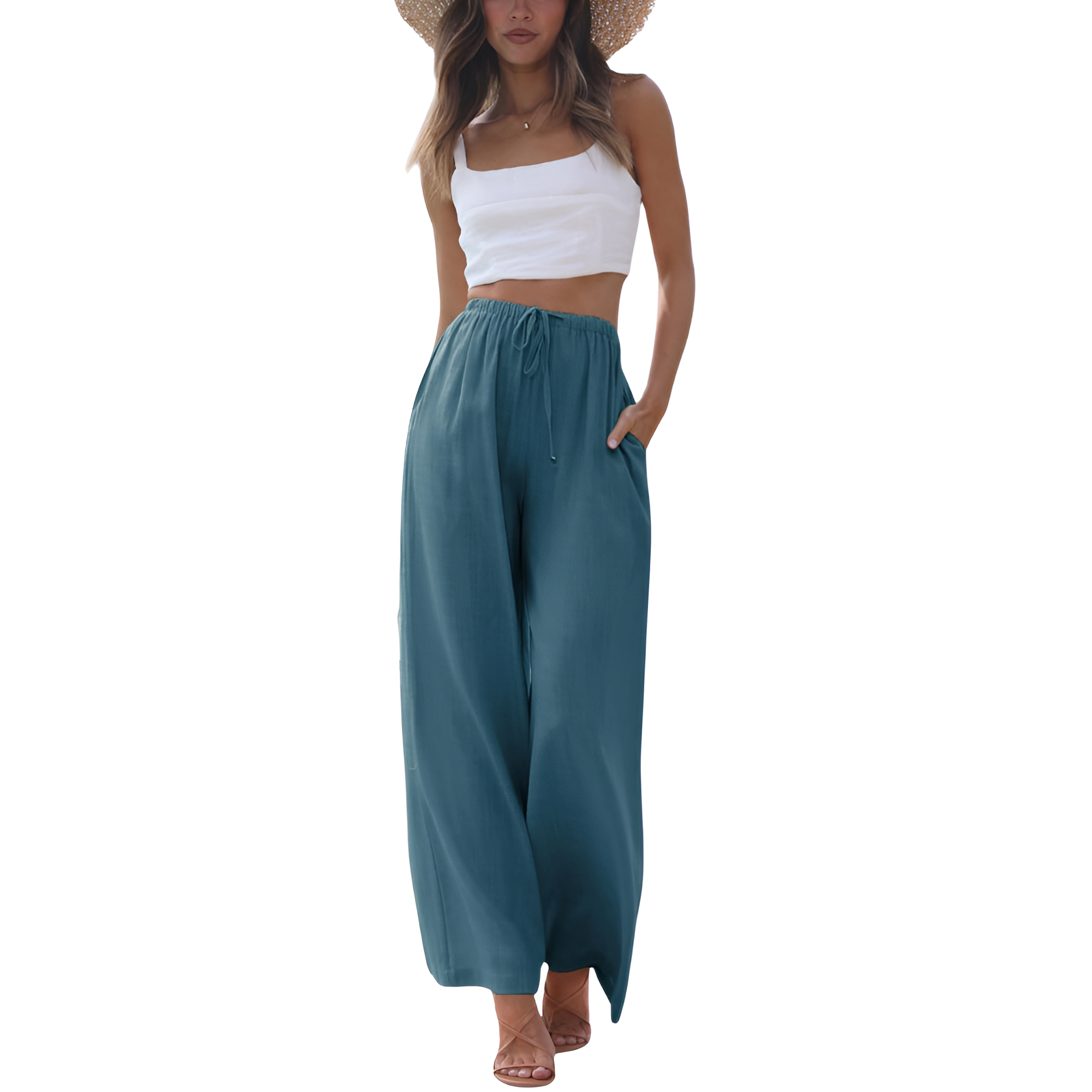 Flowy Summer Wide Fit Beach Palazzo Pants With Pockets For Women