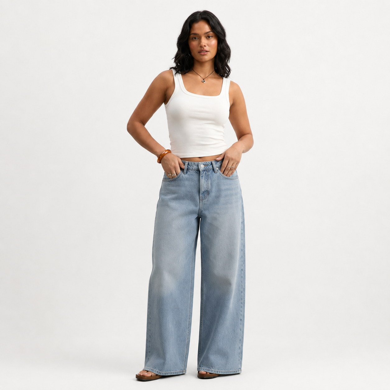 High Rise Wide Straight Baggy Jeans With Snap Button Waistband For Women